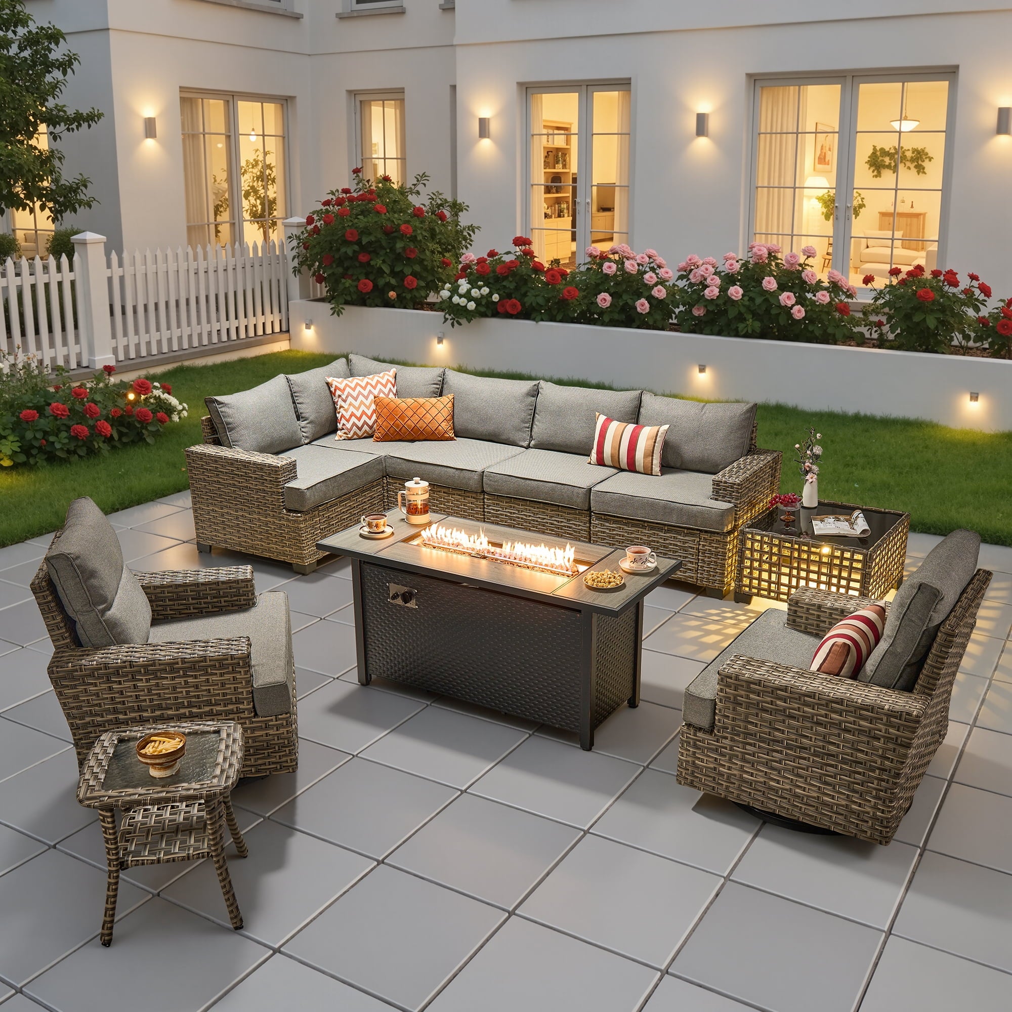 Ovios 10 Pieces Outdoor Patio Sectional Furniture with 54 inch Fire Pit Table All-Weather Wicker Conversation Set with Swivel Chairs,Smart Table