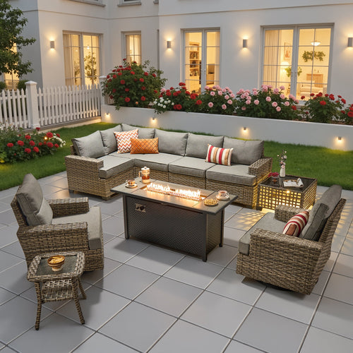 Ovios 10 Pieces Outdoor Patio Sectional Furniture with 54 inch Fire Pit Table All-Weather Wicker Conversation Set with Swivel Chairs,Smart Table
