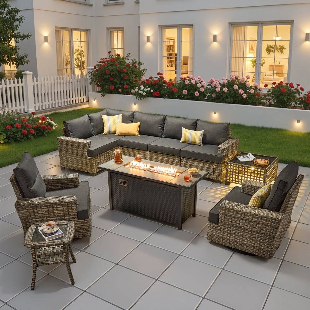 Ovios 10 Pieces Outdoor Patio Sectional Furniture with 54 inch Fire Pit Table All-Weather Wicker Conversation Set with Swivel Chairs,Smart Table