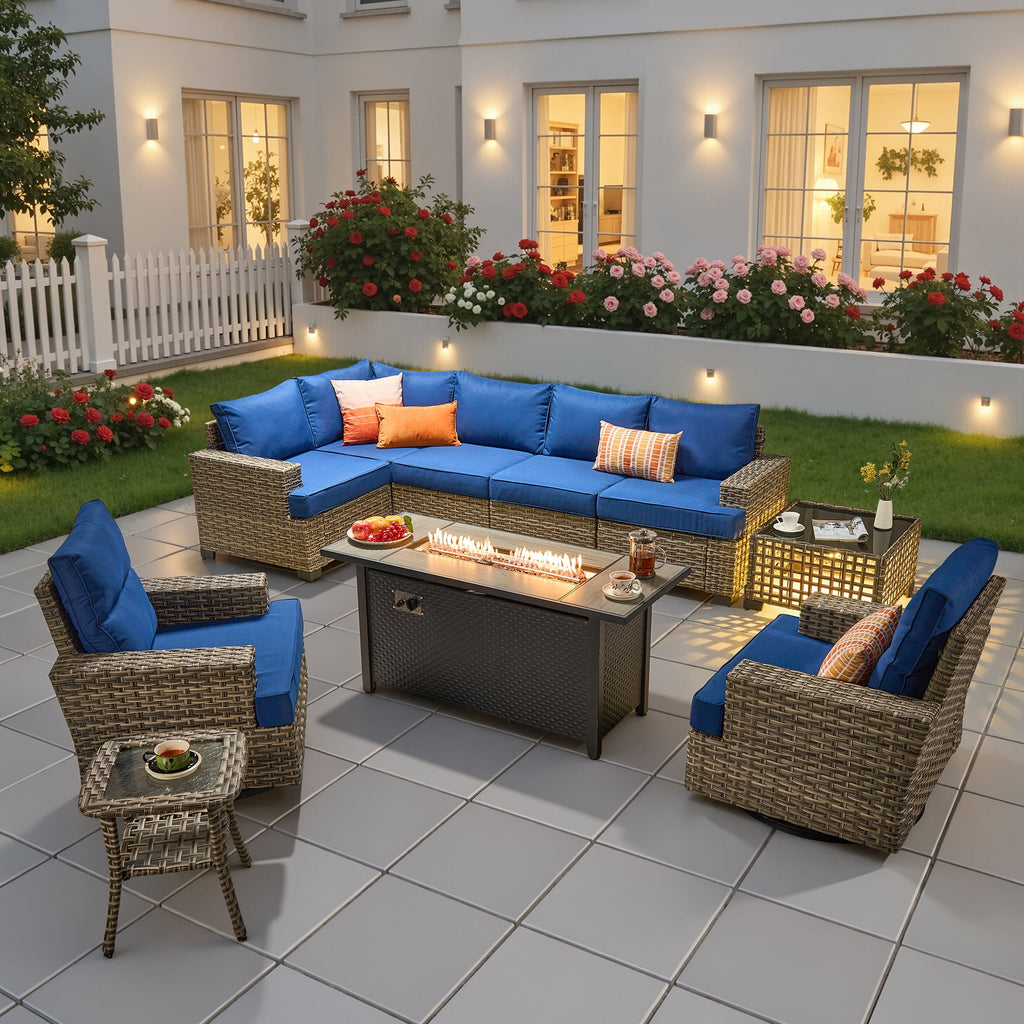 Ovios 10 Pieces Outdoor Patio Sectional Furniture with 54 inch Fire Pit Table All-Weather Wicker Conversation Set with Swivel Chairs,Smart Table