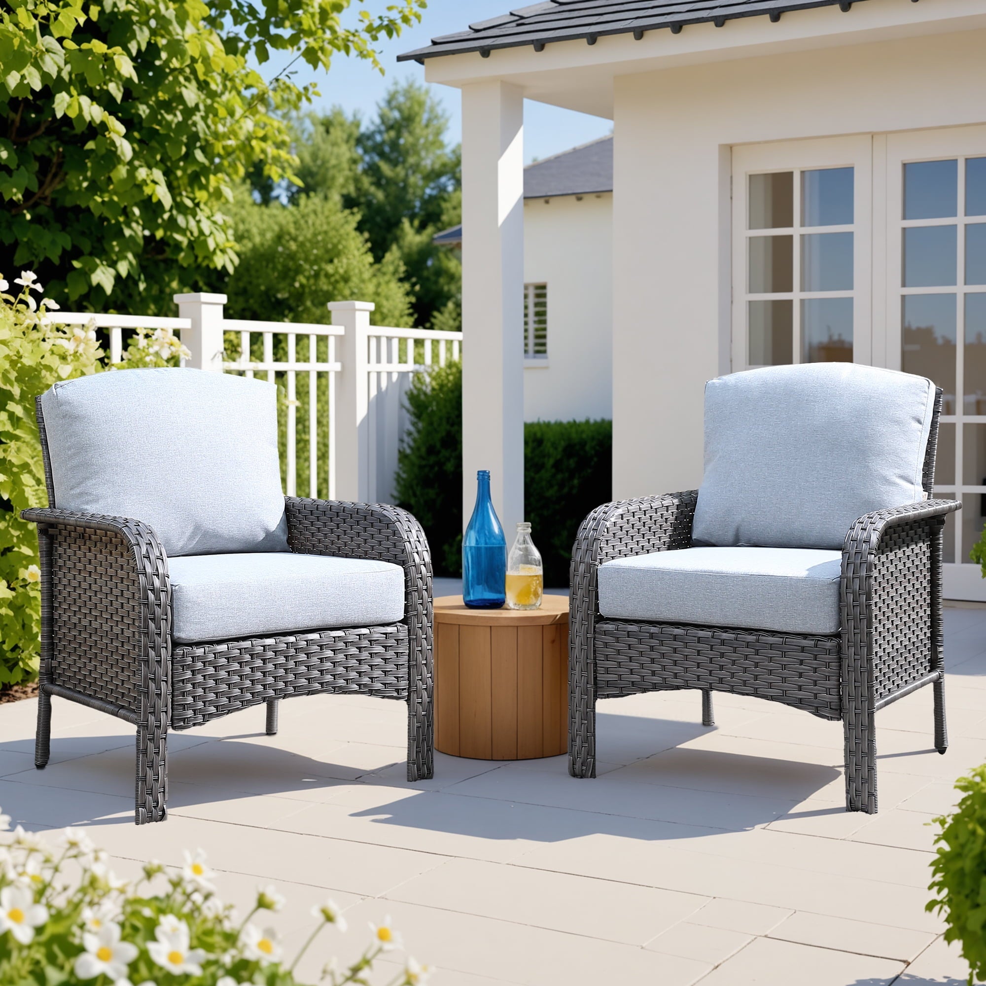 Ovios Patio Chairs Set of 2 All-Weather Wicker Patio Furniture Chairs Set Rattan High-Back Outdoor Armchairs with Cushions, Black