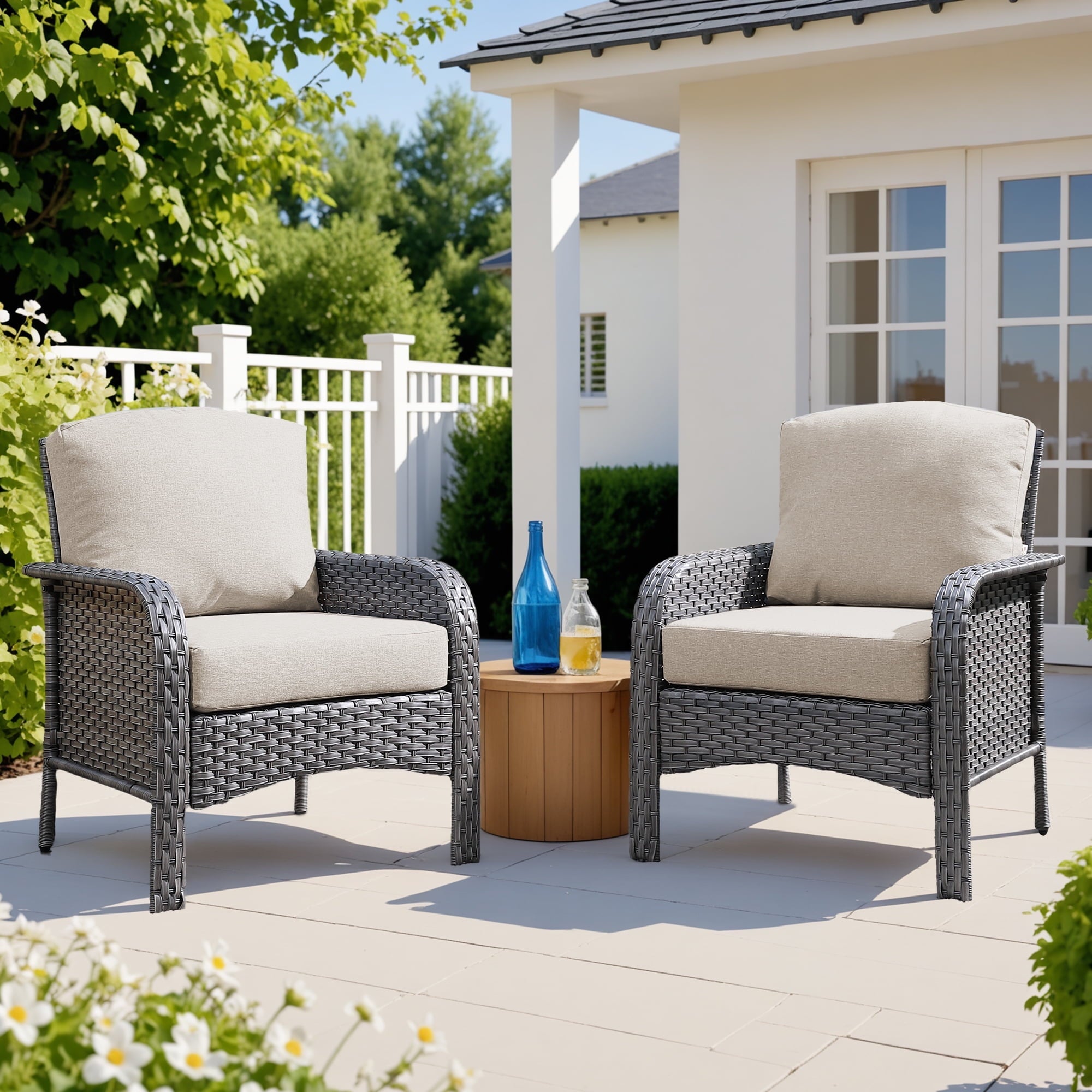 Ovios Patio Chairs Set of 2 All-Weather Wicker Patio Furniture Chairs Set Rattan High-Back Outdoor Armchairs with Cushions, Black