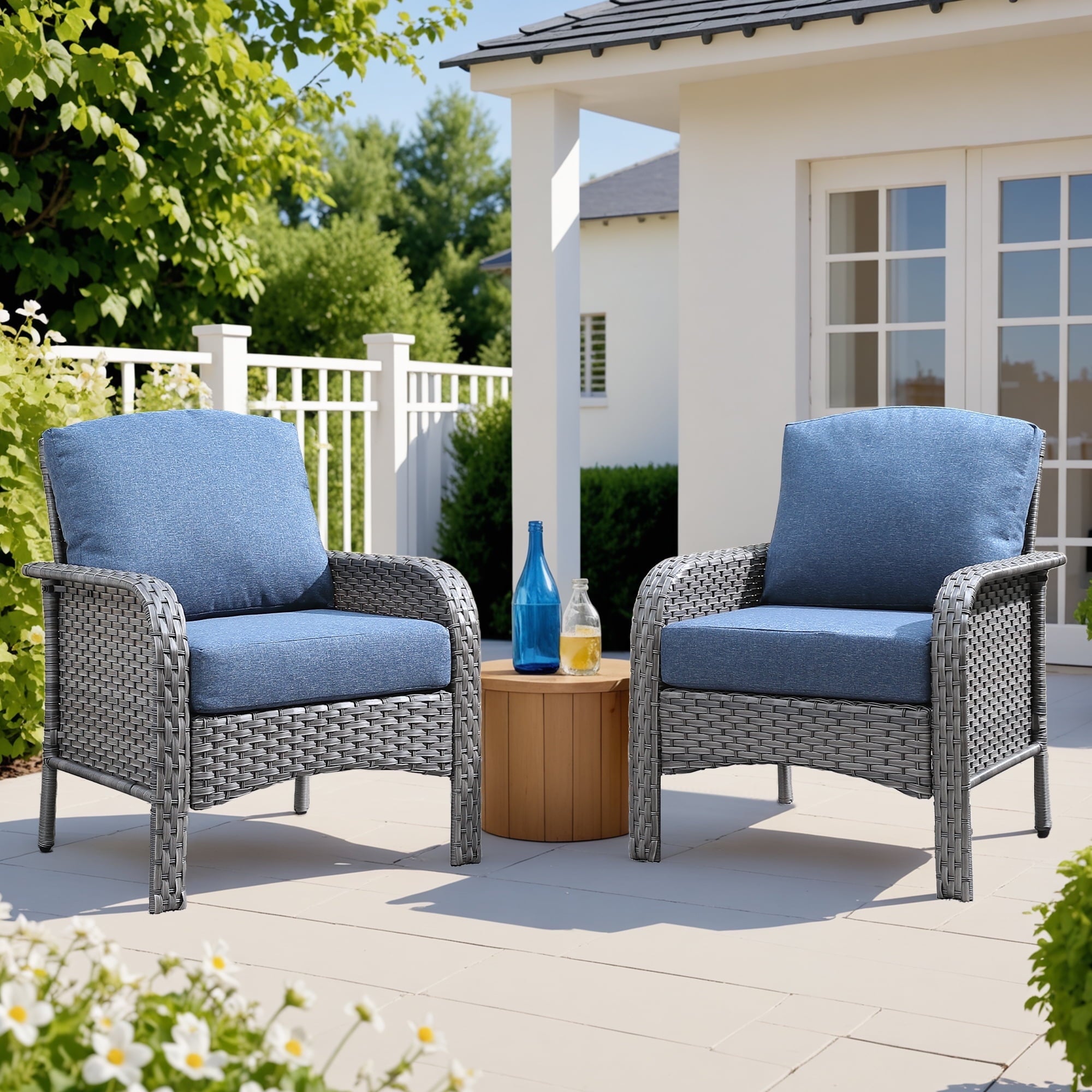 Ovios Patio Chairs Set of 2 All-Weather Wicker Patio Furniture Chairs Set Rattan High-Back Outdoor Armchairs with Cushions, Black