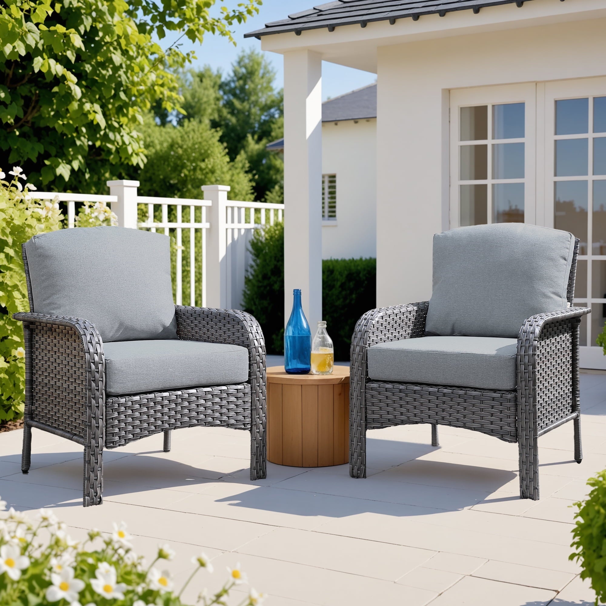 Ovios Patio Chairs Set of 2 All-Weather Wicker Patio Furniture Chairs Set Rattan High-Back Outdoor Armchairs with Cushions, Black