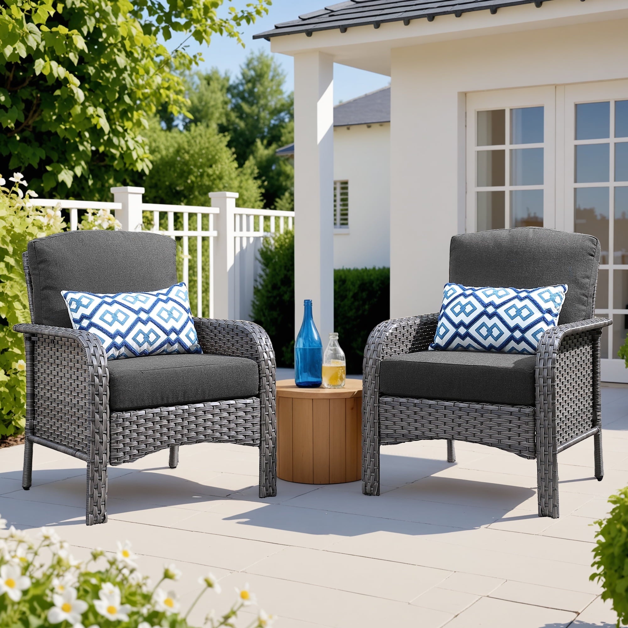 Ovios Patio Chairs Set of 2 All-Weather Wicker Patio Furniture Chairs Set Rattan High-Back Outdoor Armchairs with Cushions, Black