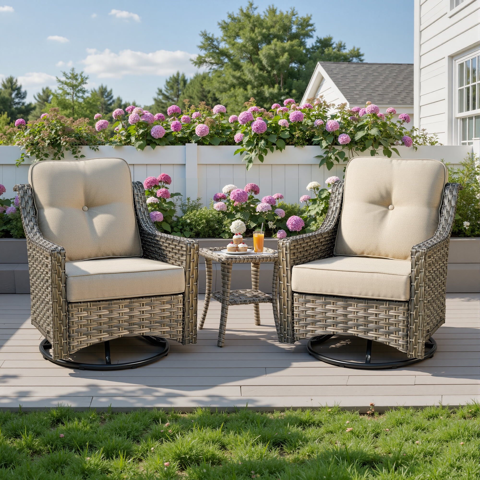 Ovios 3 Piece Outdoor Patio Bistro Set All-Weather Wicker Swivel Chairs High-Back Sectional Conversation Furniture for Backyard, Porch, or Garden
