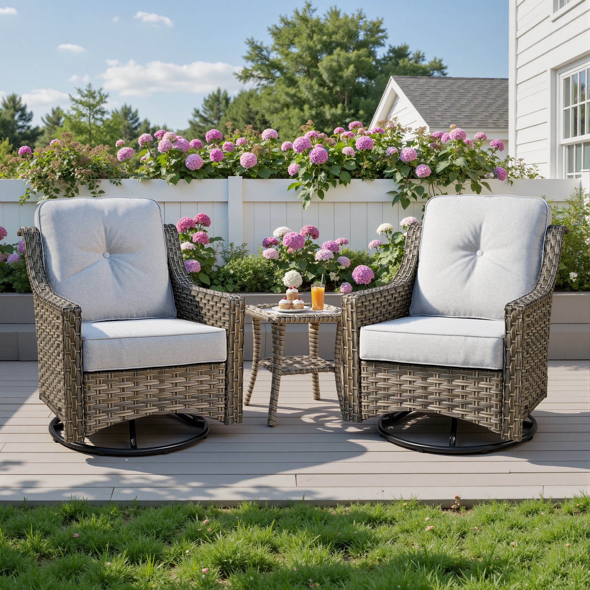 Ovios 3 Piece Outdoor Patio Bistro Set All-Weather Wicker Swivel Chairs High-Back Sectional Conversation Furniture for Backyard, Porch, or Garden