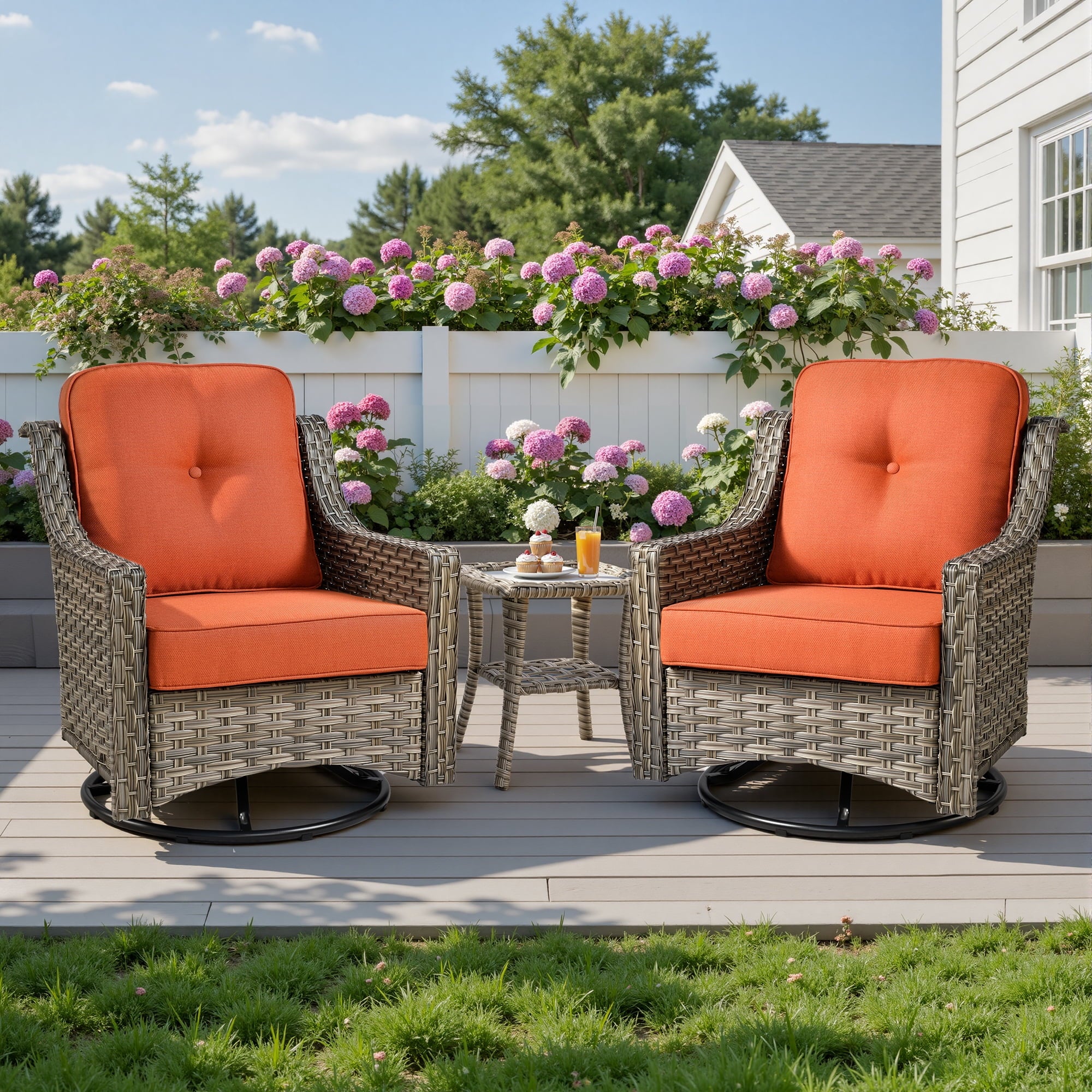 Ovios 3 Piece Outdoor Patio Bistro Set All-Weather Wicker Swivel Chairs High-Back Sectional Conversation Furniture for Backyard, Porch, or Garden