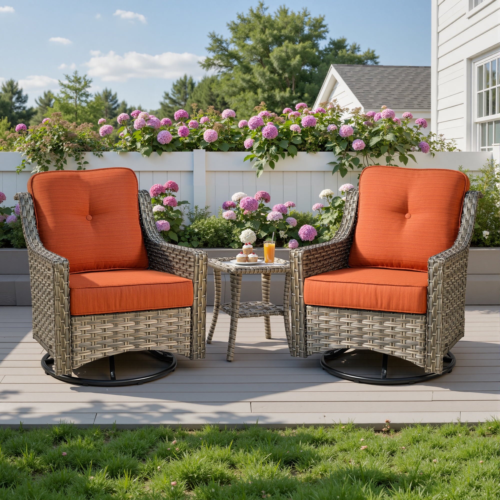Ovios 3 Piece Outdoor Patio Bistro Set All-Weather Wicker Swivel Chairs High-Back Sectional Conversation Furniture for Backyard, Porch, or Garden