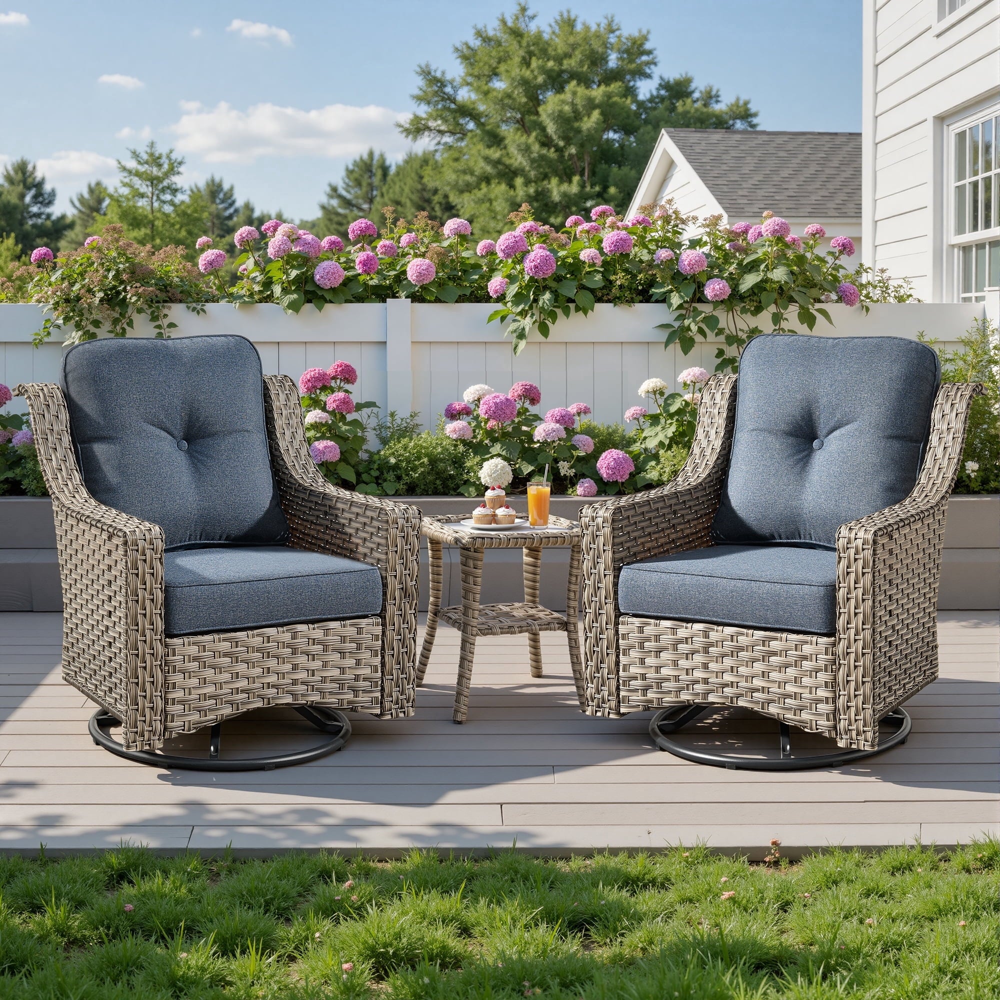 Ovios 3 Piece Outdoor Patio Bistro Set All-Weather Wicker Swivel Chairs High-Back Sectional Conversation Furniture for Backyard, Porch, or Garden