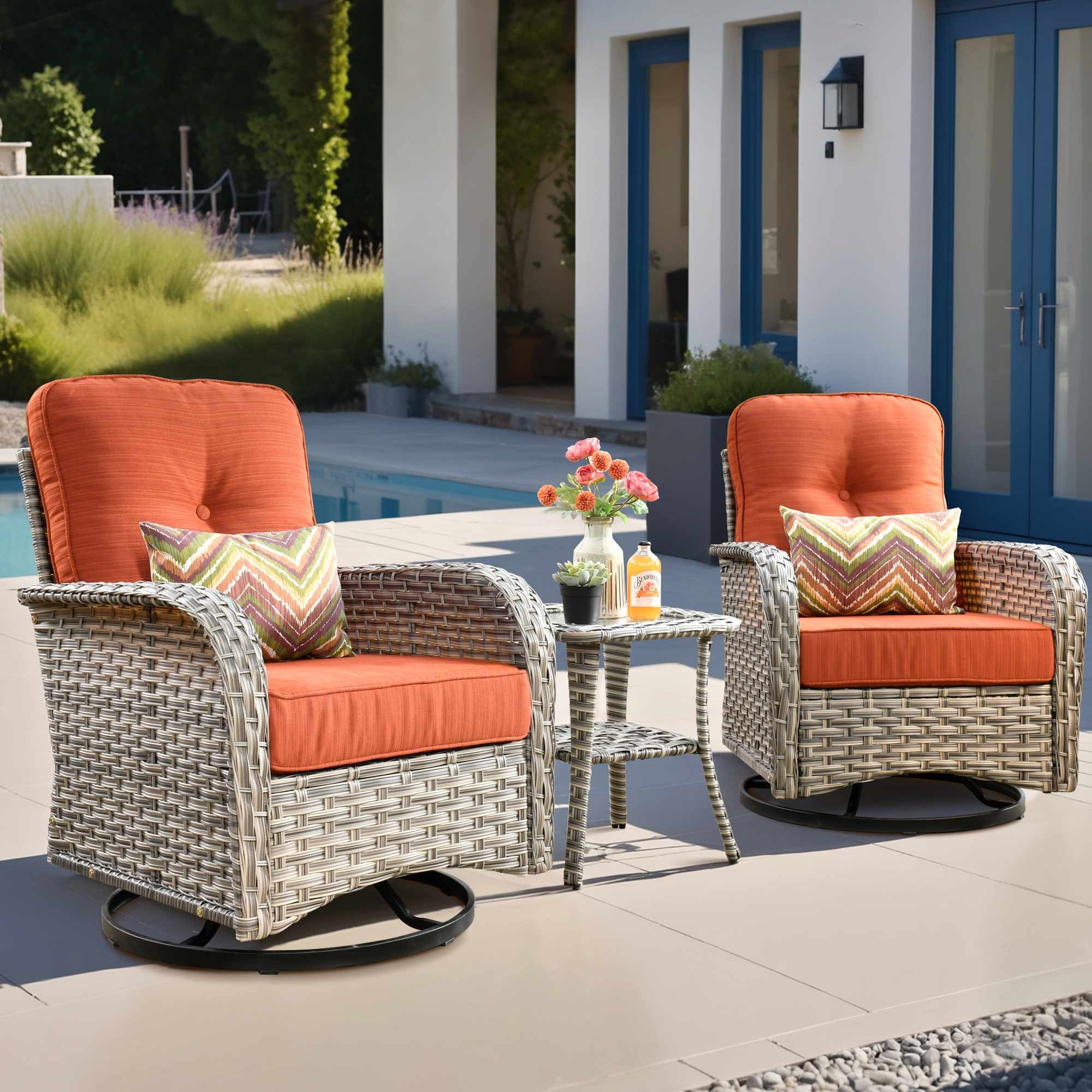 Ovios 3 Pieces Patio Furniture Set 2 Swivel Rocking Chairs Wicker Glider Chairs with Side Table for Backyard or Balcony