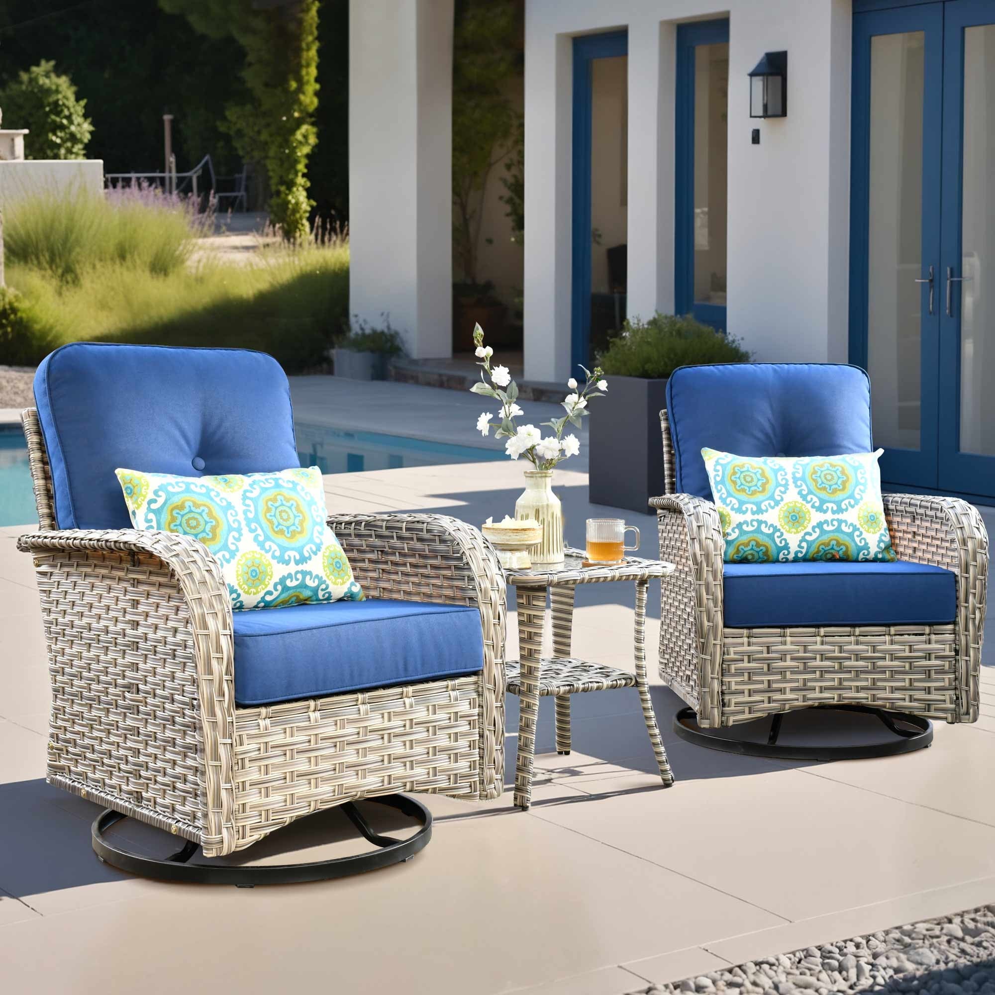 Ovios 3 Pieces Patio Furniture Set 2 Swivel Rocking Chairs Wicker Glider Chairs with Side Table for Backyard or Balcony