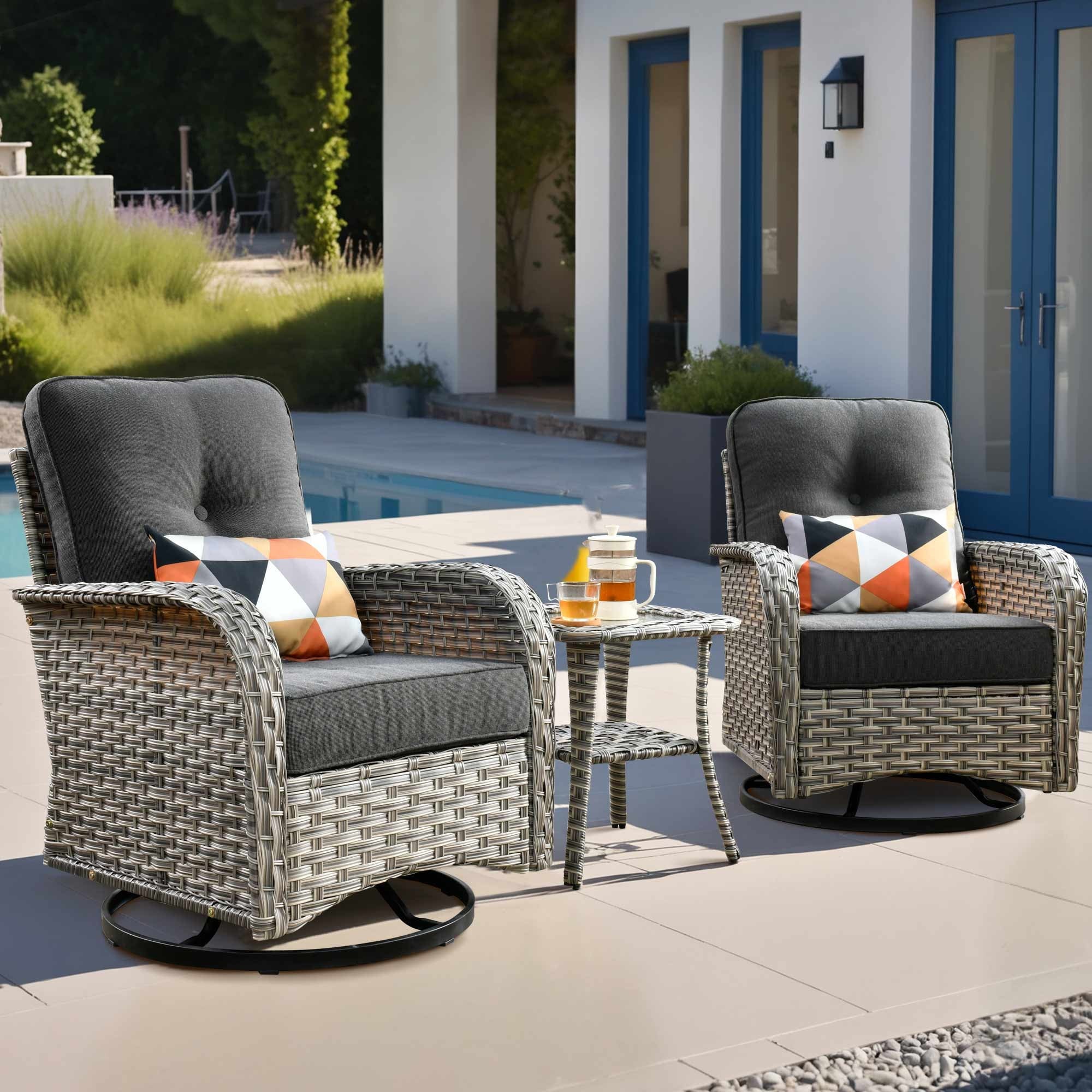 Ovios 3 Pieces Patio Furniture Set 2 Swivel Rocking Chairs Wicker Glider Chairs with Side Table for Backyard or Balcony