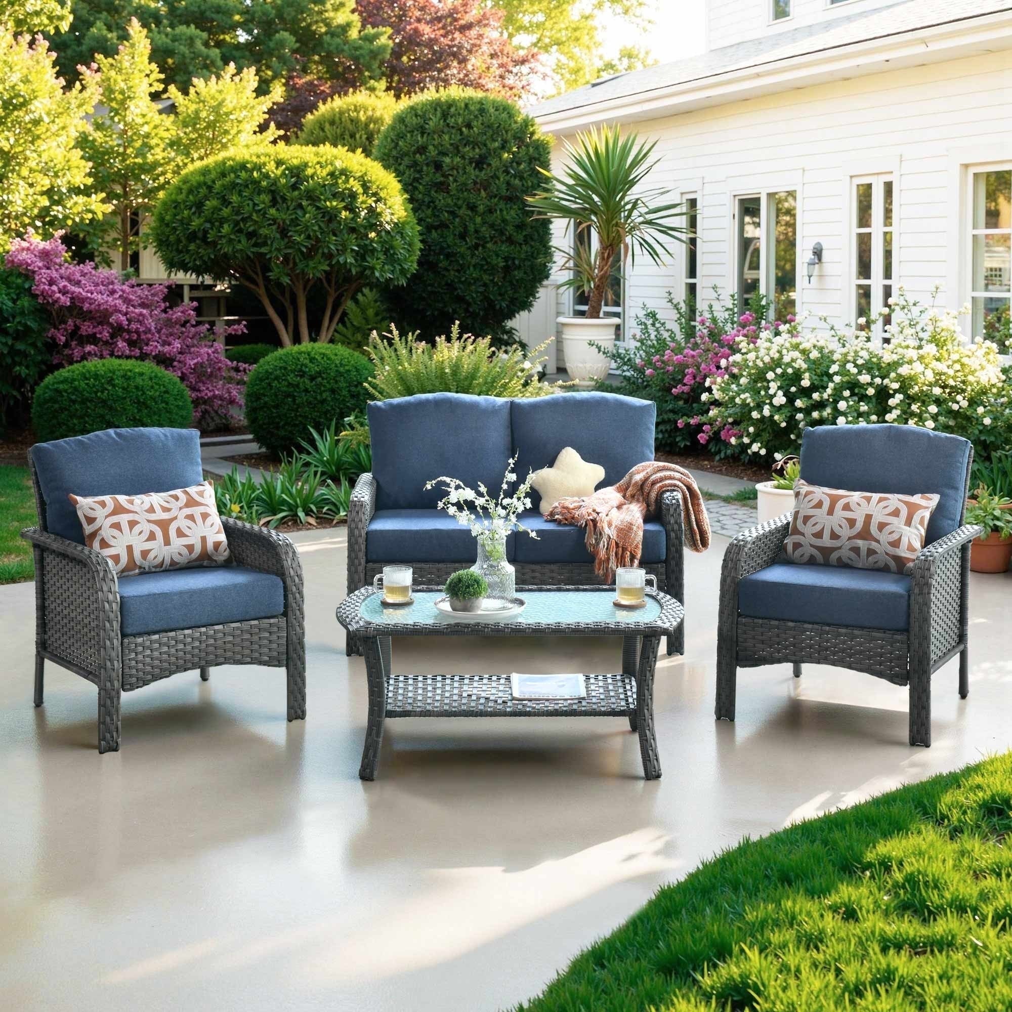 Ovios 4 Pieces Wicker Outdoor Patio Furniture with Coffee Table High Back All Weather Rattan Outdoor Sectional Conversation Set for Backyard Porch Garden