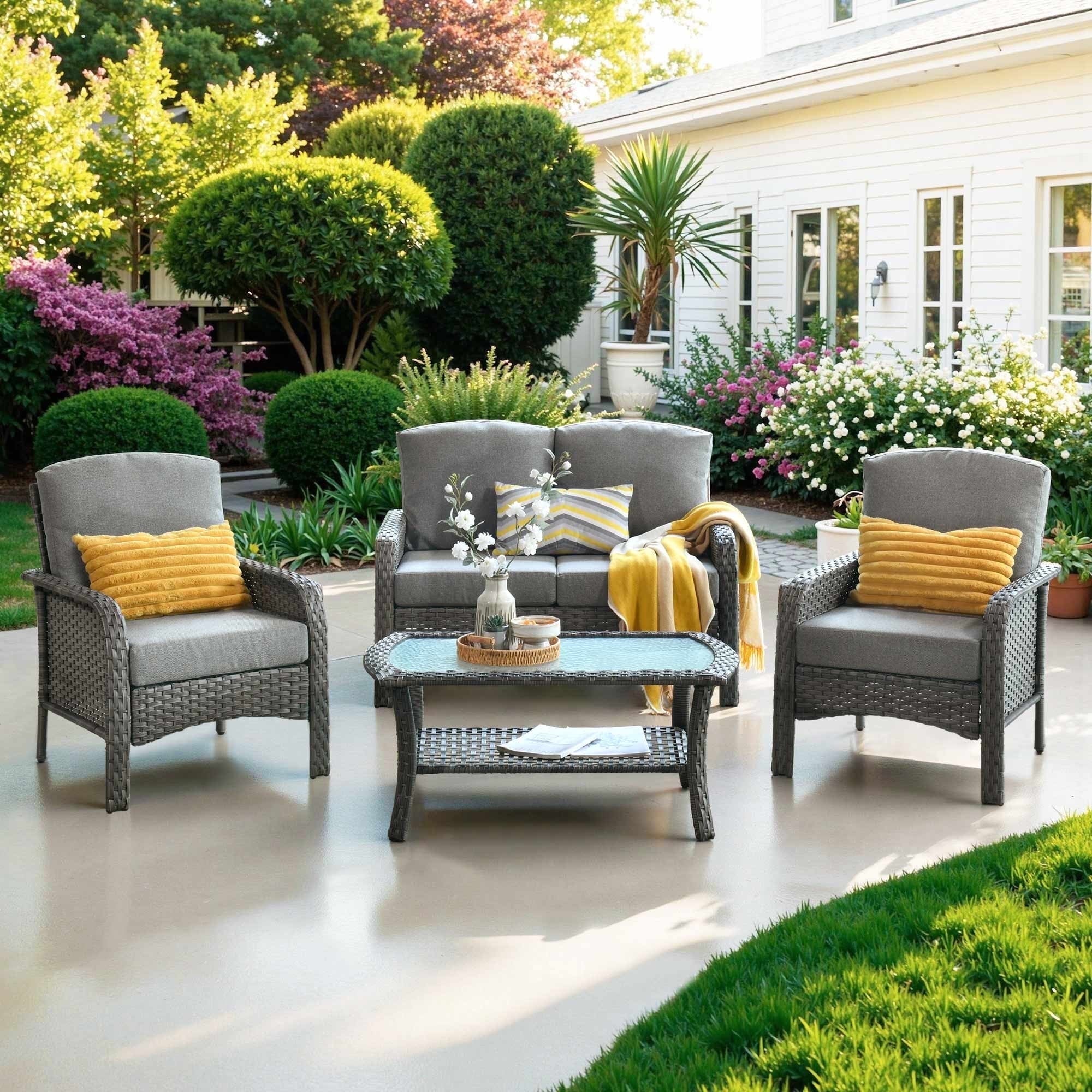 Ovios 4 Pieces Wicker Outdoor Patio Furniture with Coffee Table High Back All Weather Rattan Outdoor Sectional Conversation Set for Backyard Porch Garden