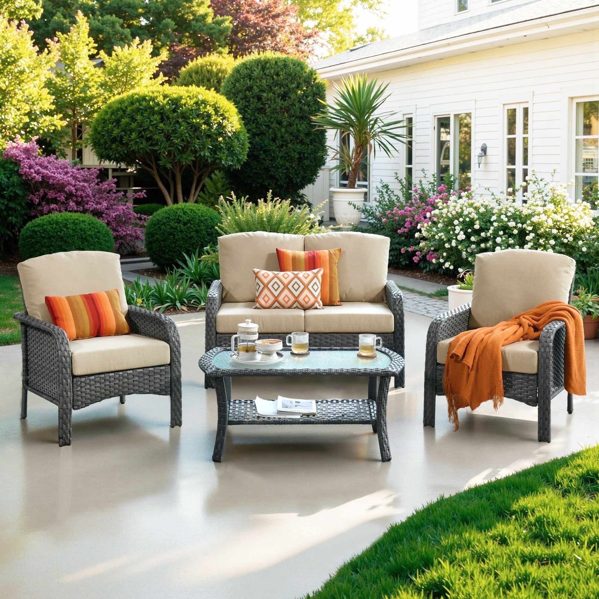 Ovios 4 Pieces Wicker Outdoor Patio Furniture with Coffee Table High Back All Weather Rattan Outdoor Sectional Conversation Set for Backyard Porch Garden