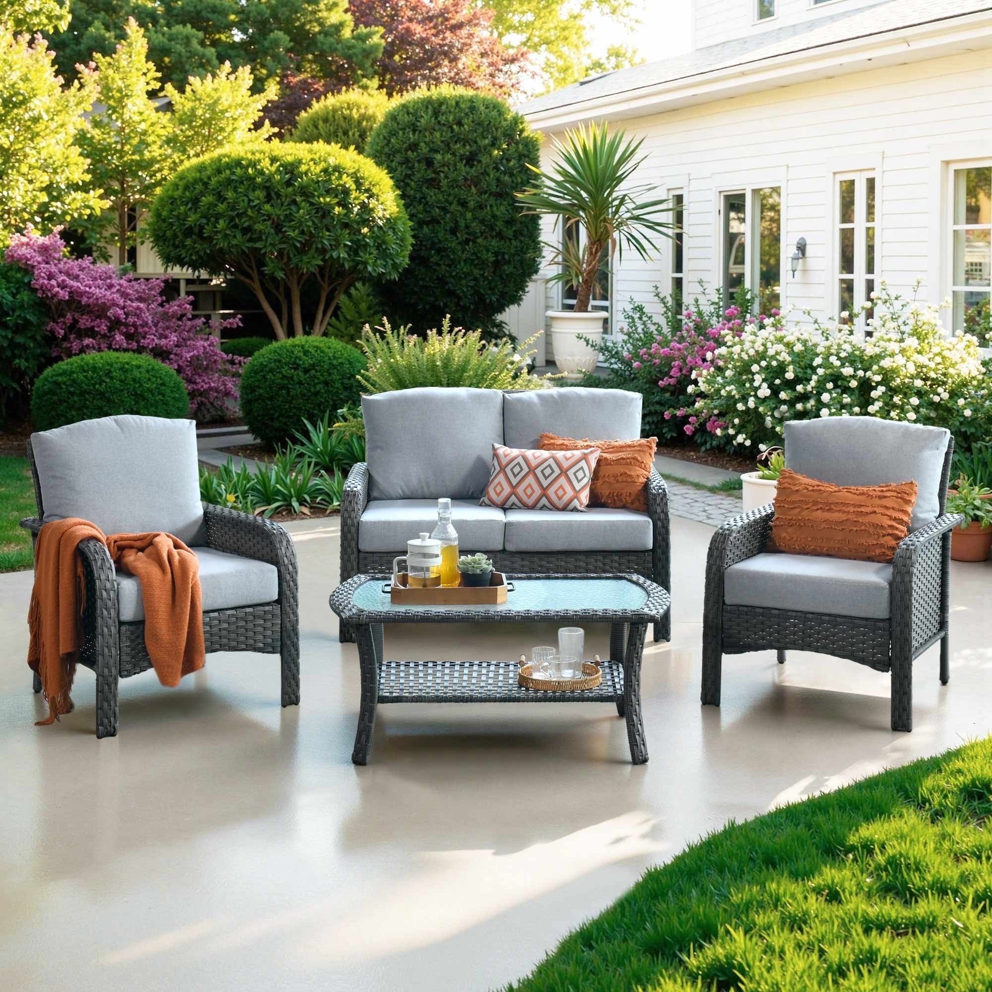 Ovios 4 Pieces Wicker Outdoor Patio Furniture with Coffee Table High Back All Weather Rattan Outdoor Sectional Conversation Set for Backyard Porch Garden