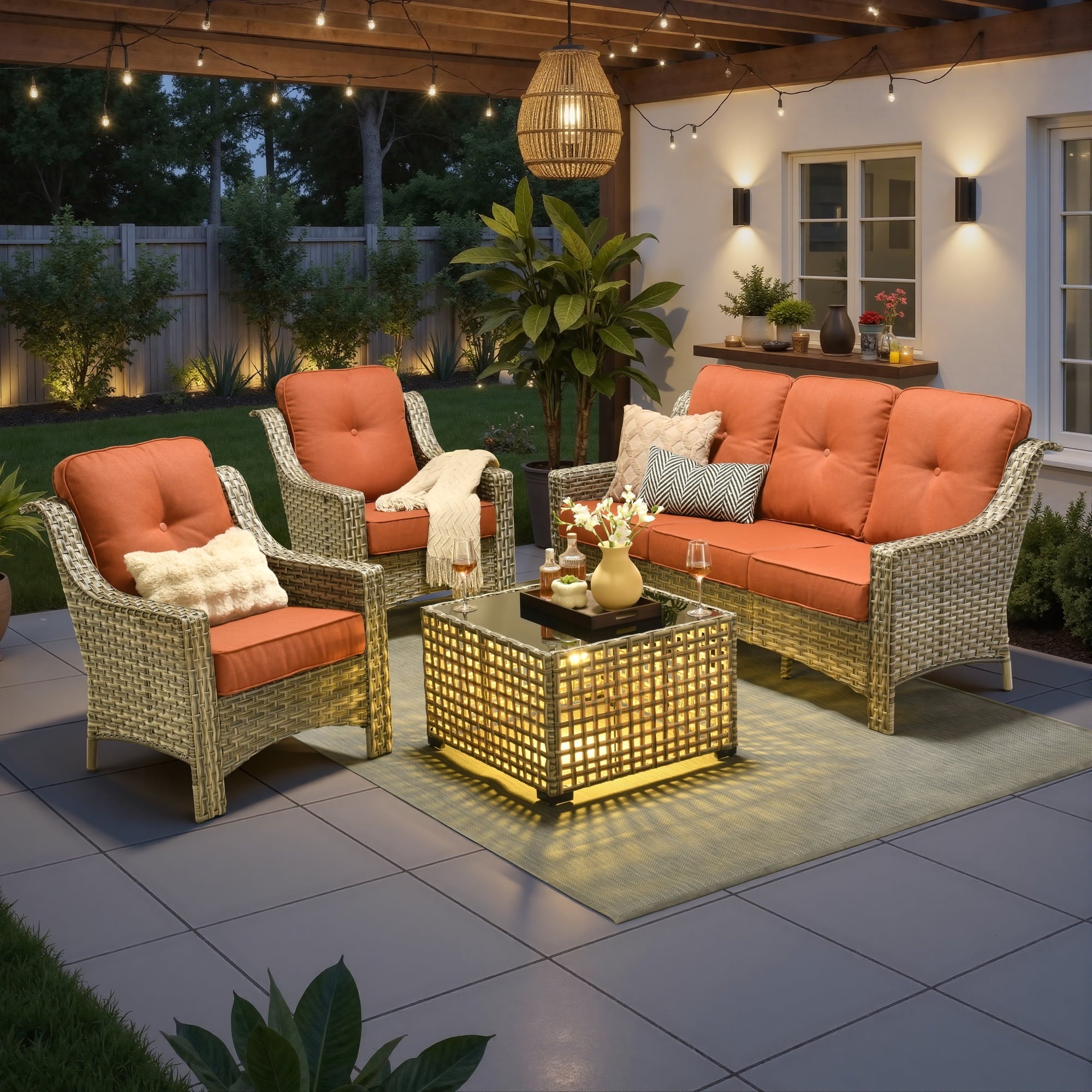 Ovios 4 Pieces Outdoor Furniture Set High Back All-Weather Wicker Patio Conversation Set with Solar Light Coffee Table, Orange Red(Textured)