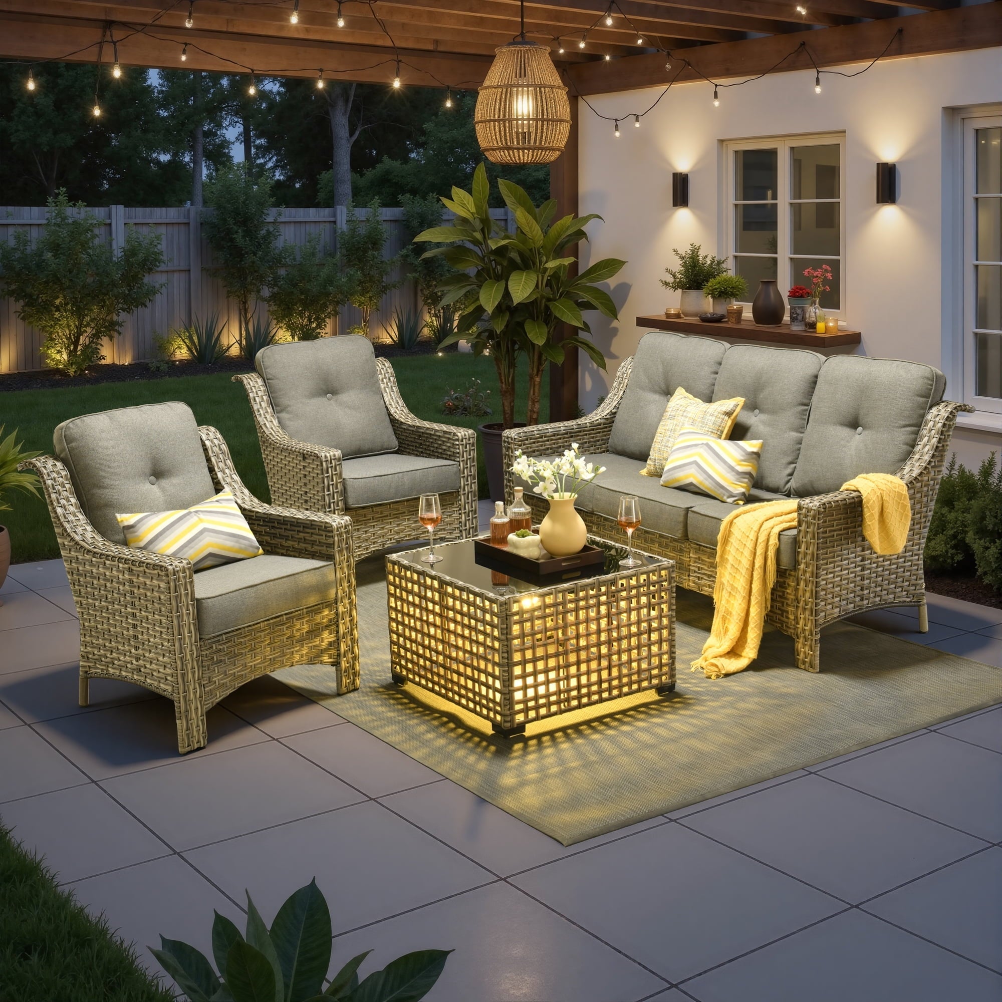 Ovios 4 Pieces Outdoor Furniture Set High Back All-Weather Wicker Patio Conversation Set with Solar Light Coffee Table, Dark Gray