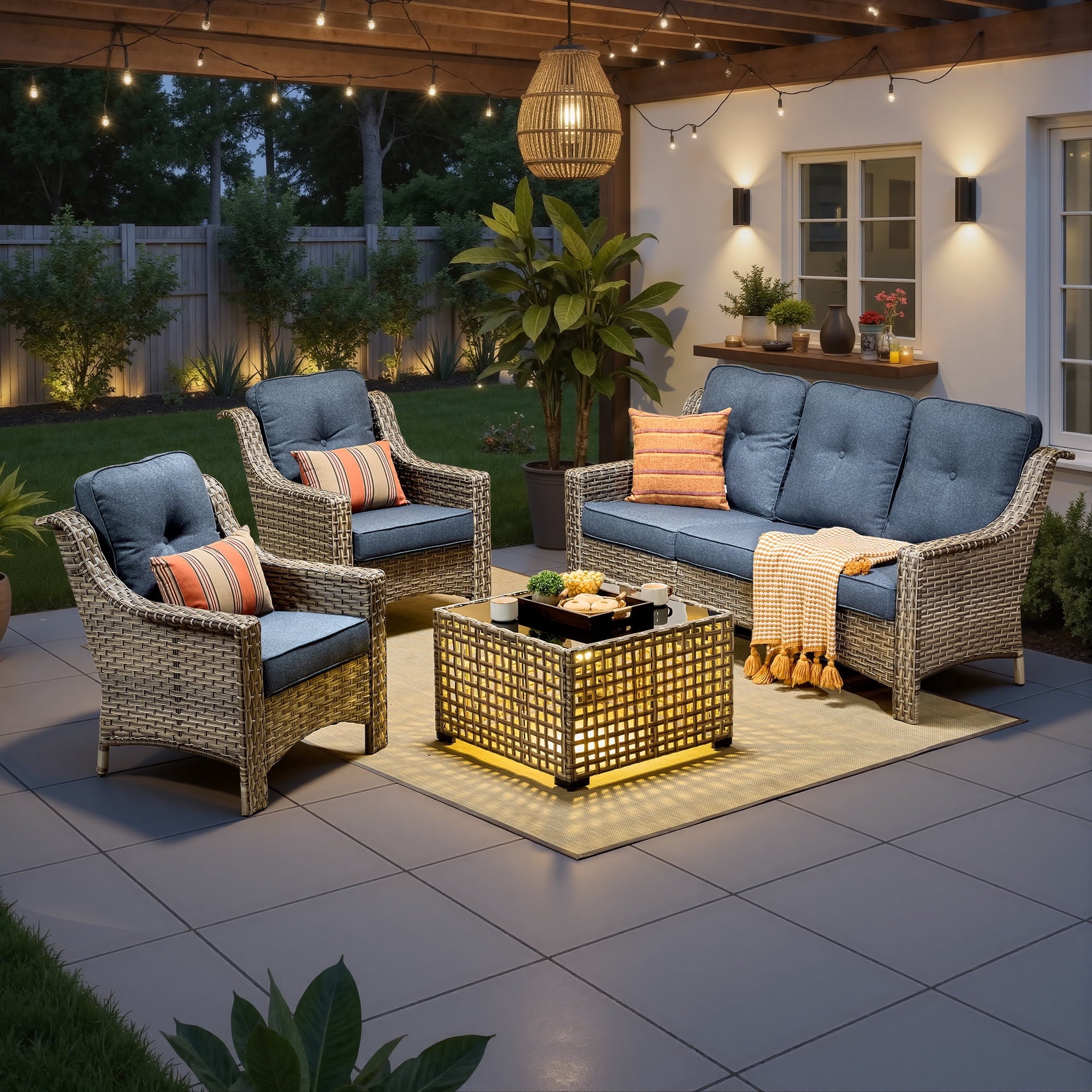 Ovios 4 Pieces Outdoor Furniture Set High Back All-Weather Wicker Patio Conversation Set with Solar Light Coffee Table, Denim Blue