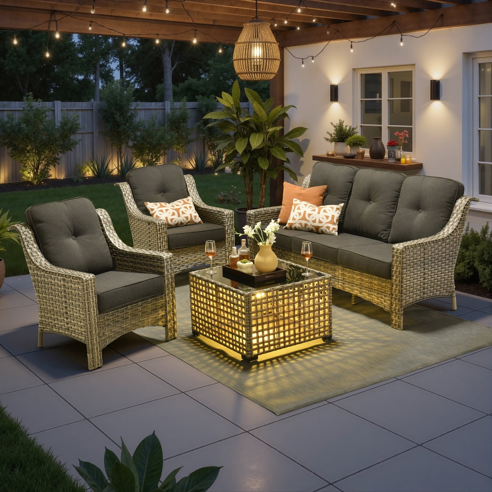 Ovios 4 Pieces Outdoor Furniture Set High Back All-Weather Wicker Patio Conversation Set with Solar Light Coffee Table, Black
