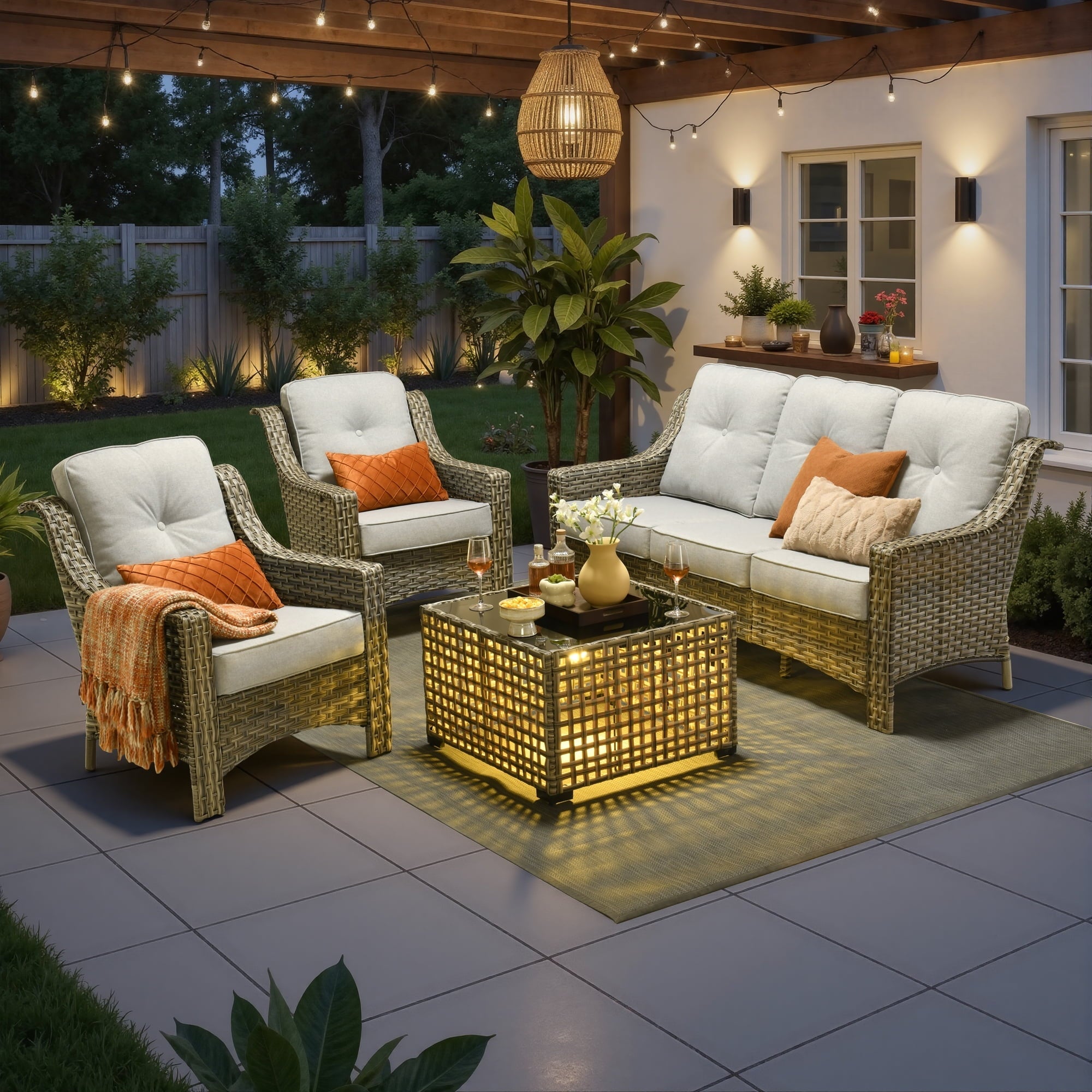Ovios 4 Pieces Outdoor Furniture Set High Back All-Weather Wicker Patio Conversation Set with Solar Light Coffee Table, Gray