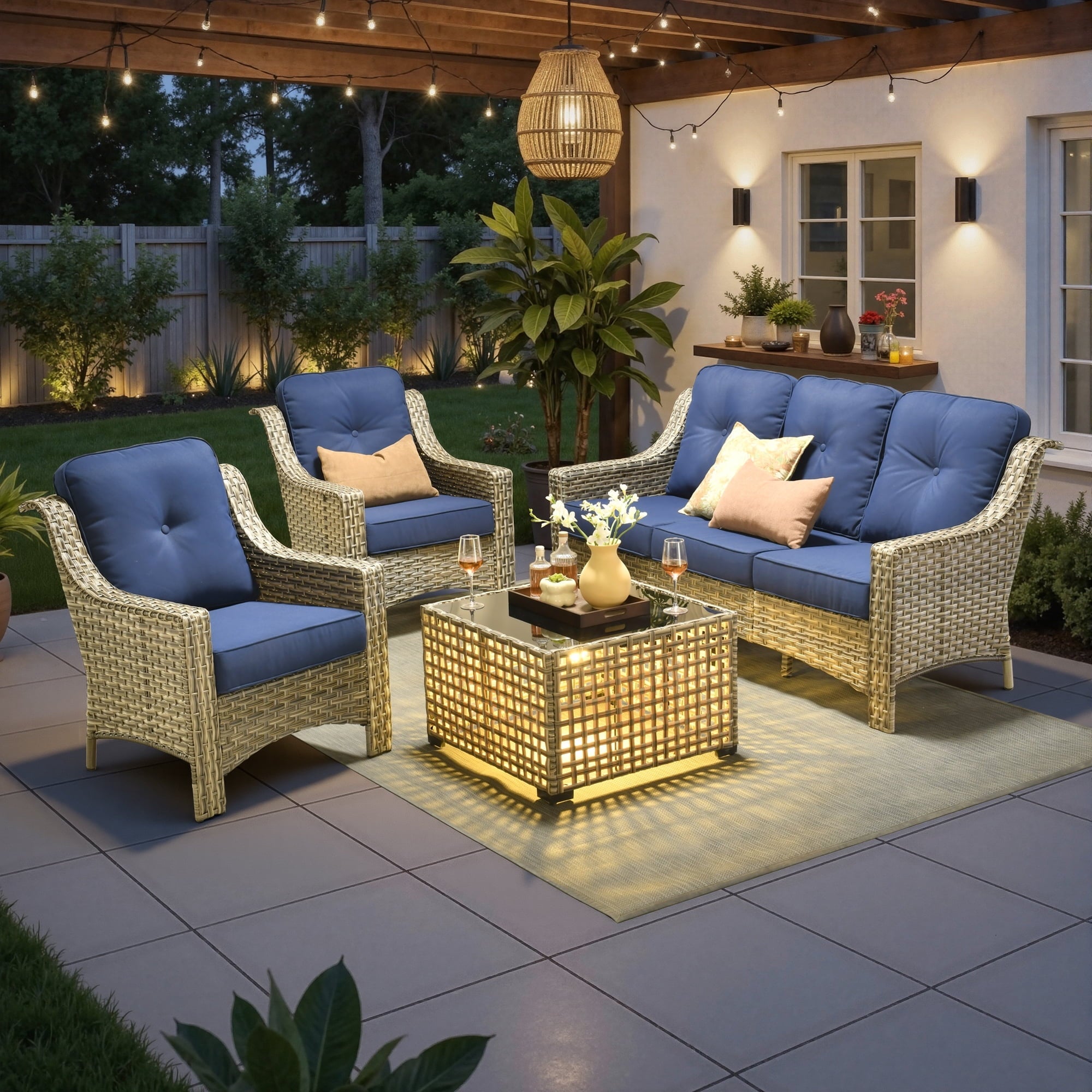 Ovios 4 Pieces Outdoor Furniture Set High Back All-Weather Wicker Patio Conversation Set with Solar Light Coffee Table, Navy Blue