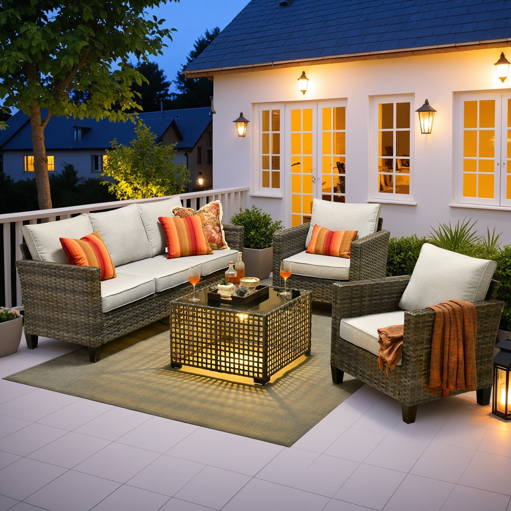 Ovios 4 Pieces Outdoor Patio Furniture Set with Lighted Coffee Table All-Weather Wicker Rattan Conversation Sofa Set, Black