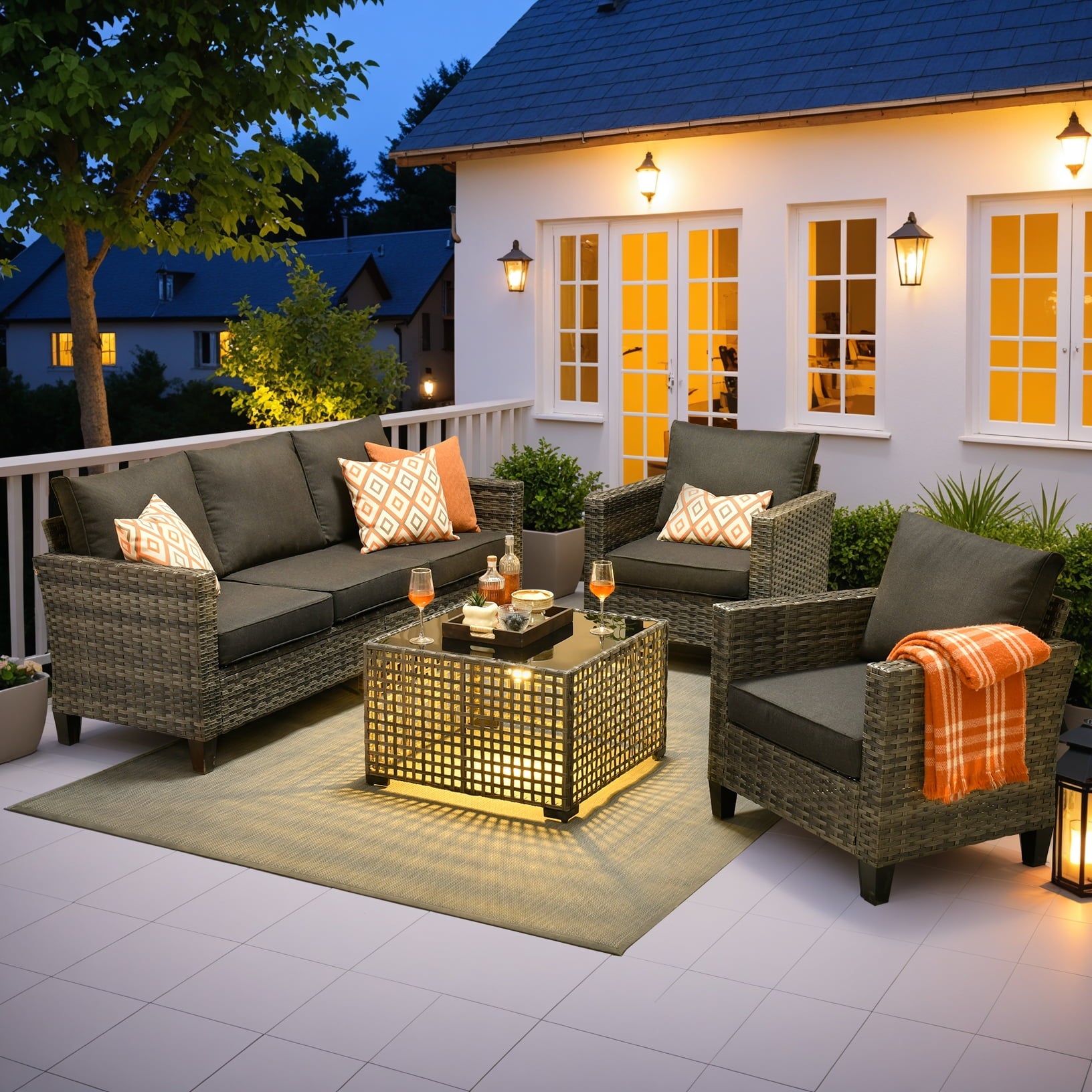 Ovios 4 Pieces Outdoor Patio Furniture Set with Lighted Coffee Table All-Weather Wicker Rattan Conversation Sofa Set, Black