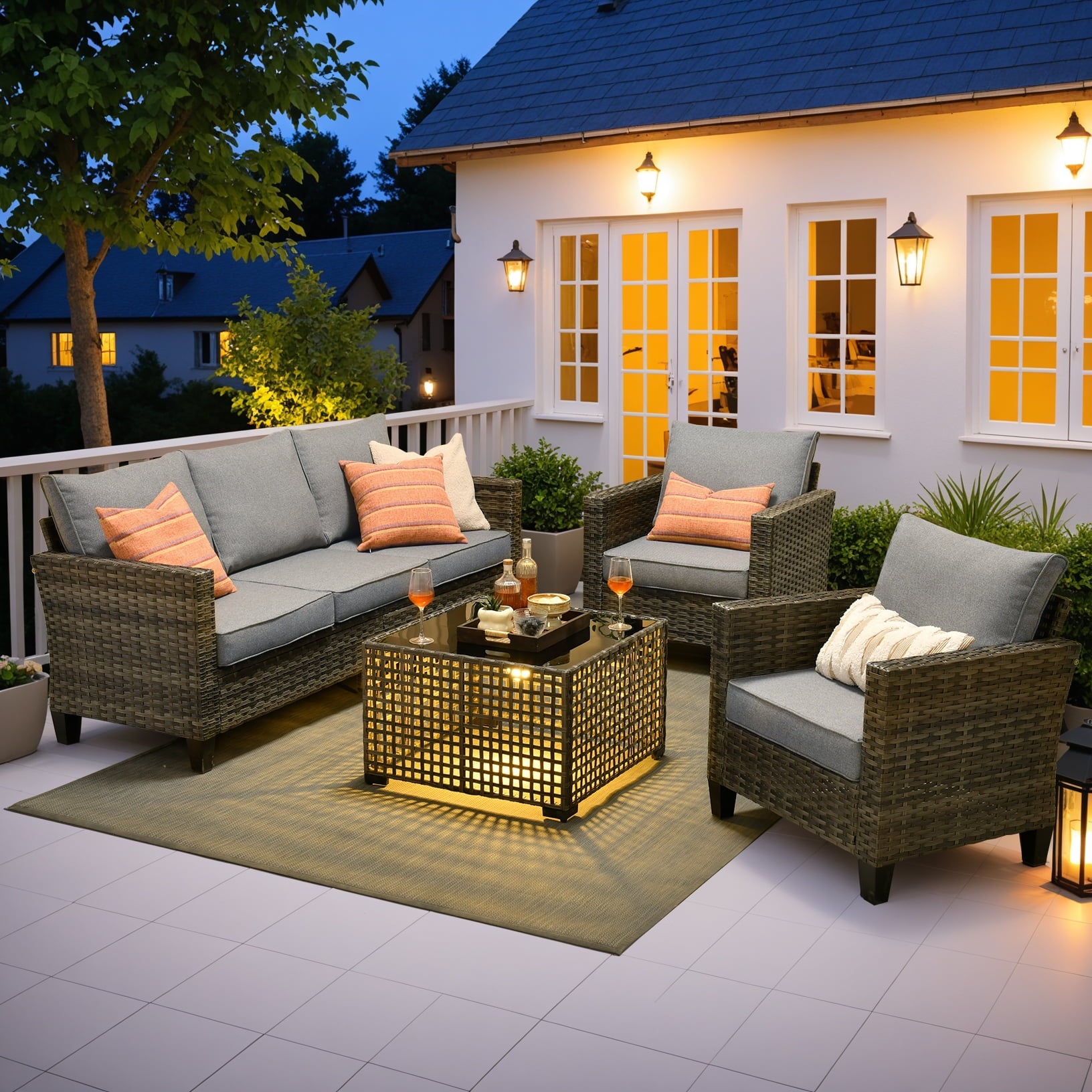 Ovios 4 Pieces Outdoor Patio Furniture Set with Lighted Coffee Table All-Weather Wicker Rattan Conversation Sofa Set, Black
