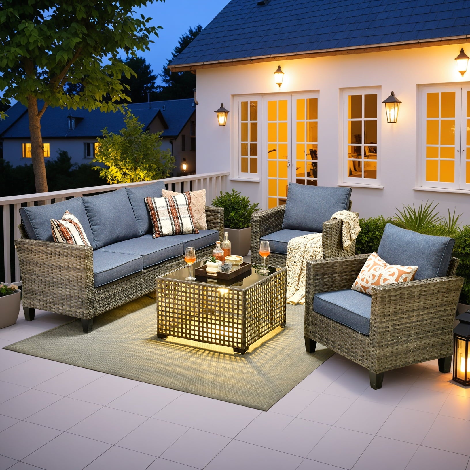 Ovios 4 Pieces Outdoor Patio Furniture Set with Lighted Coffee Table All-Weather Wicker Rattan Conversation Sofa Set, Black