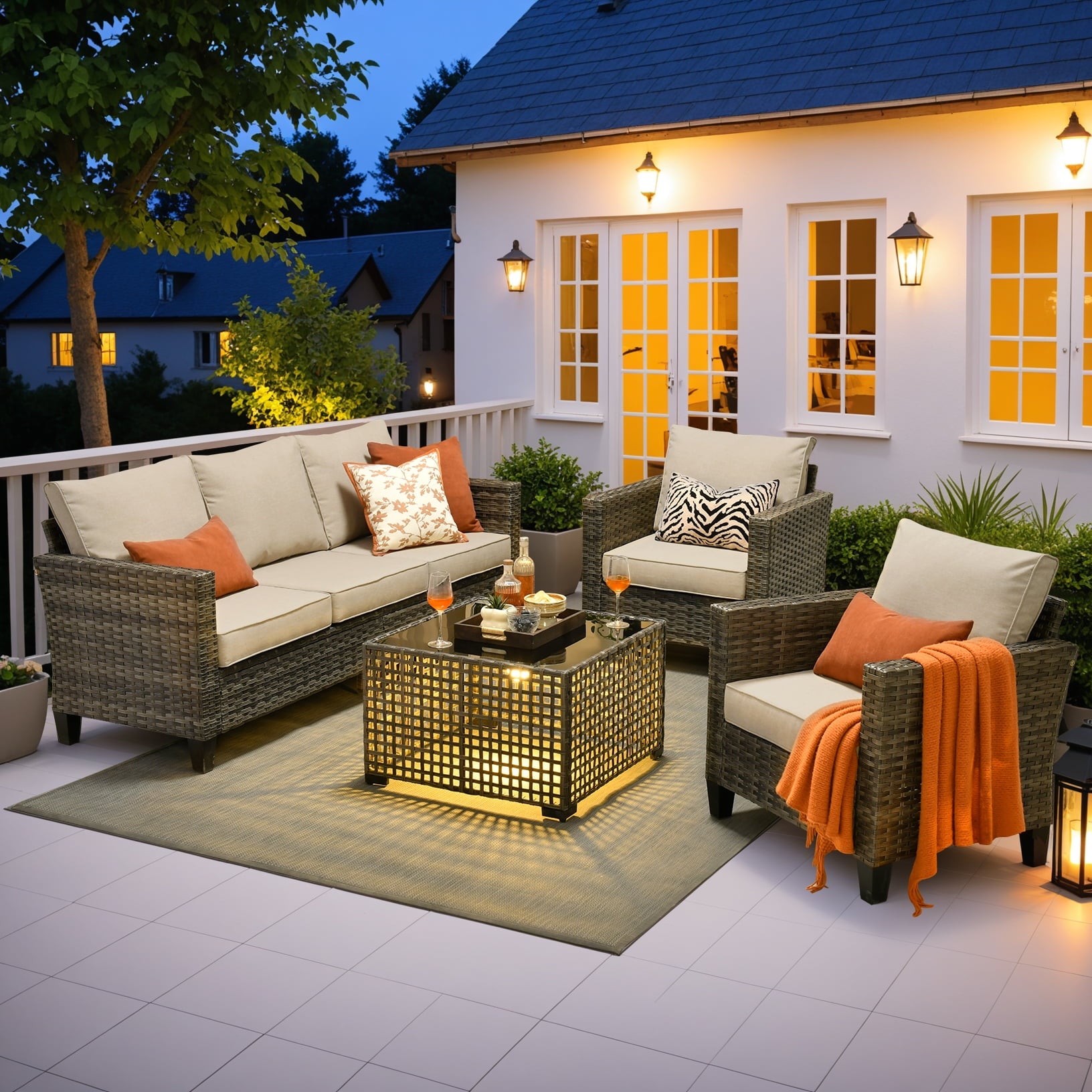 Ovios 4 Pieces Outdoor Patio Furniture Set with Lighted Coffee Table All-Weather Wicker Rattan Conversation Sofa Set, Black