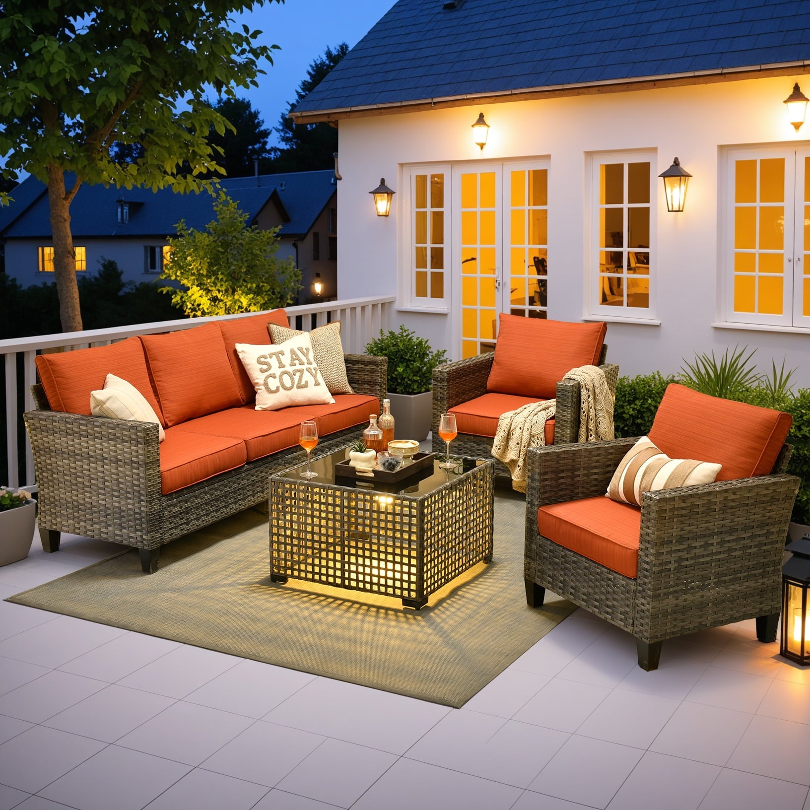 Ovios 4 Pieces Outdoor Patio Furniture Set with Lighted Coffee Table All-Weather Wicker Rattan Conversation Sofa Set, Black