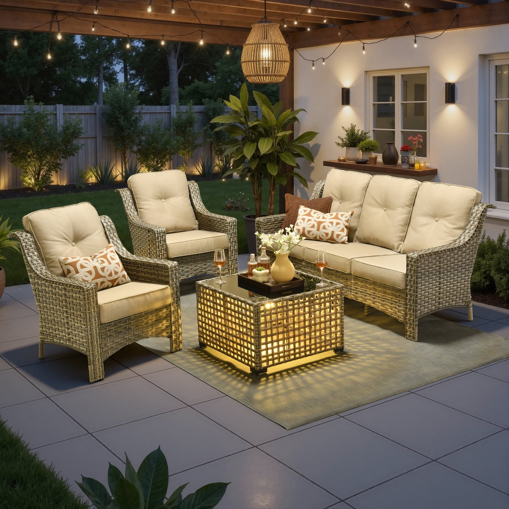 Ovios 4 Pieces Outdoor Furniture Set High Back All-Weather Wicker Patio Conversation Set with Solar Light Coffee Table, Beige