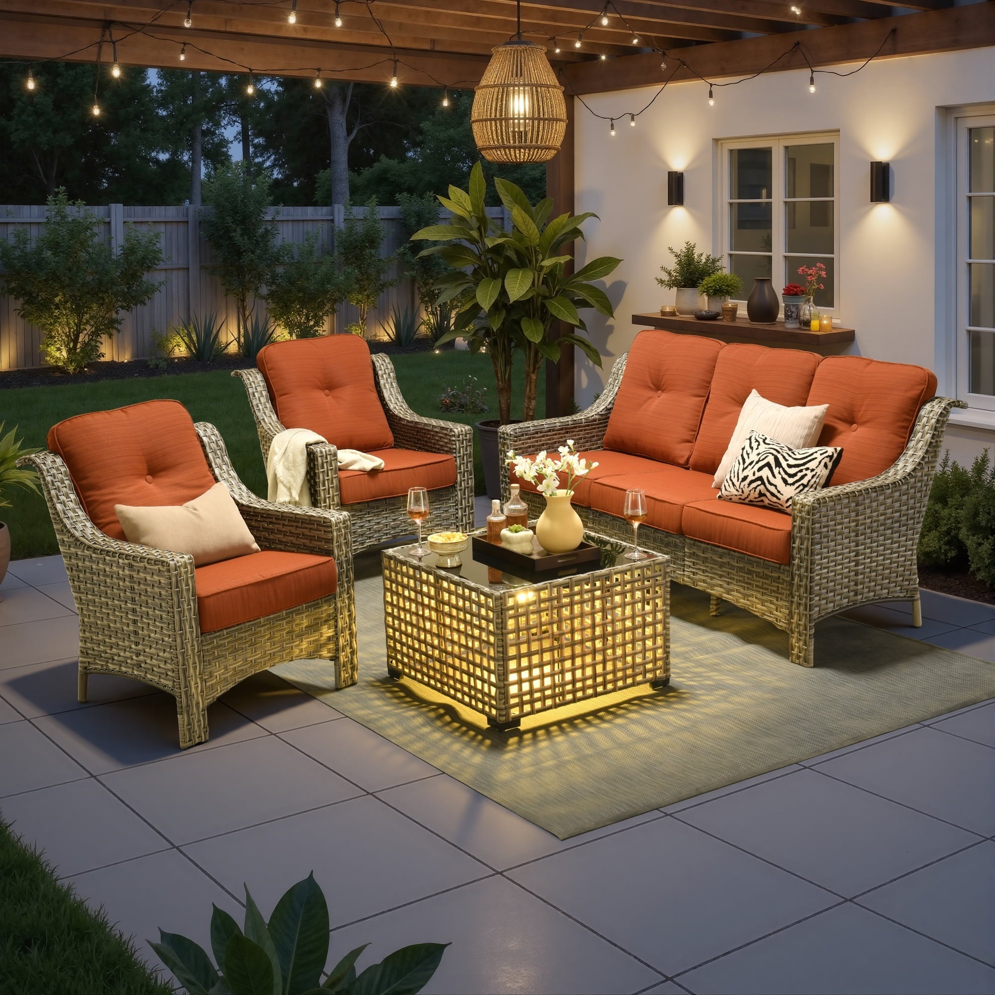 Ovios 4 Pieces Outdoor Furniture Set High Back All-Weather Wicker Patio Conversation Set with Solar Light Coffee Table, Orange Red