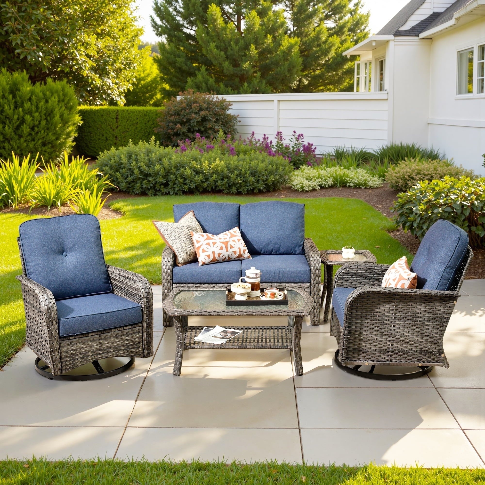 Outdoor Patio Furniture Set High Back All Weather Wicker Conversation Set with Swivel Chairs