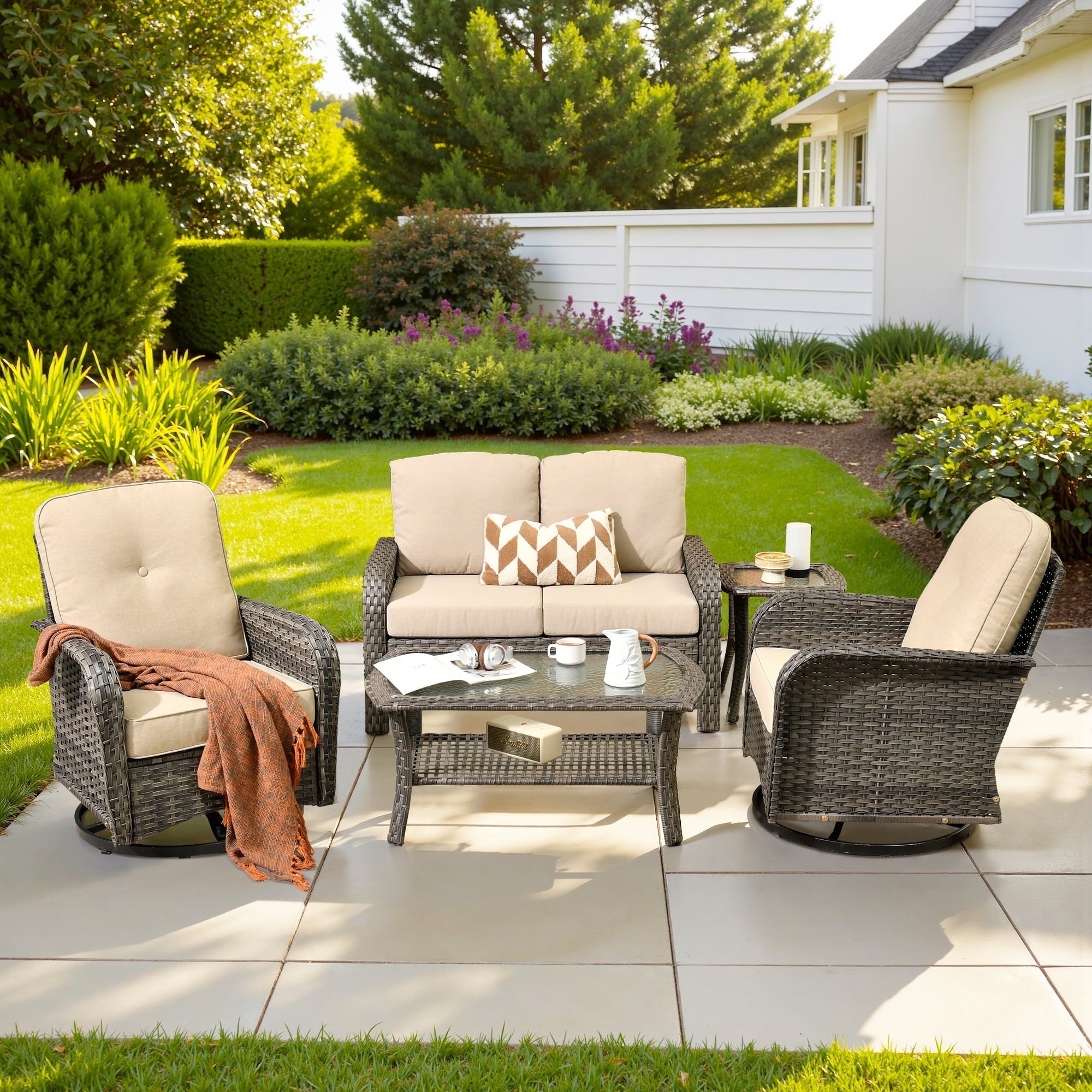 Outdoor Patio Furniture Set High Back All Weather Wicker Conversation Set with Swivel Chairs