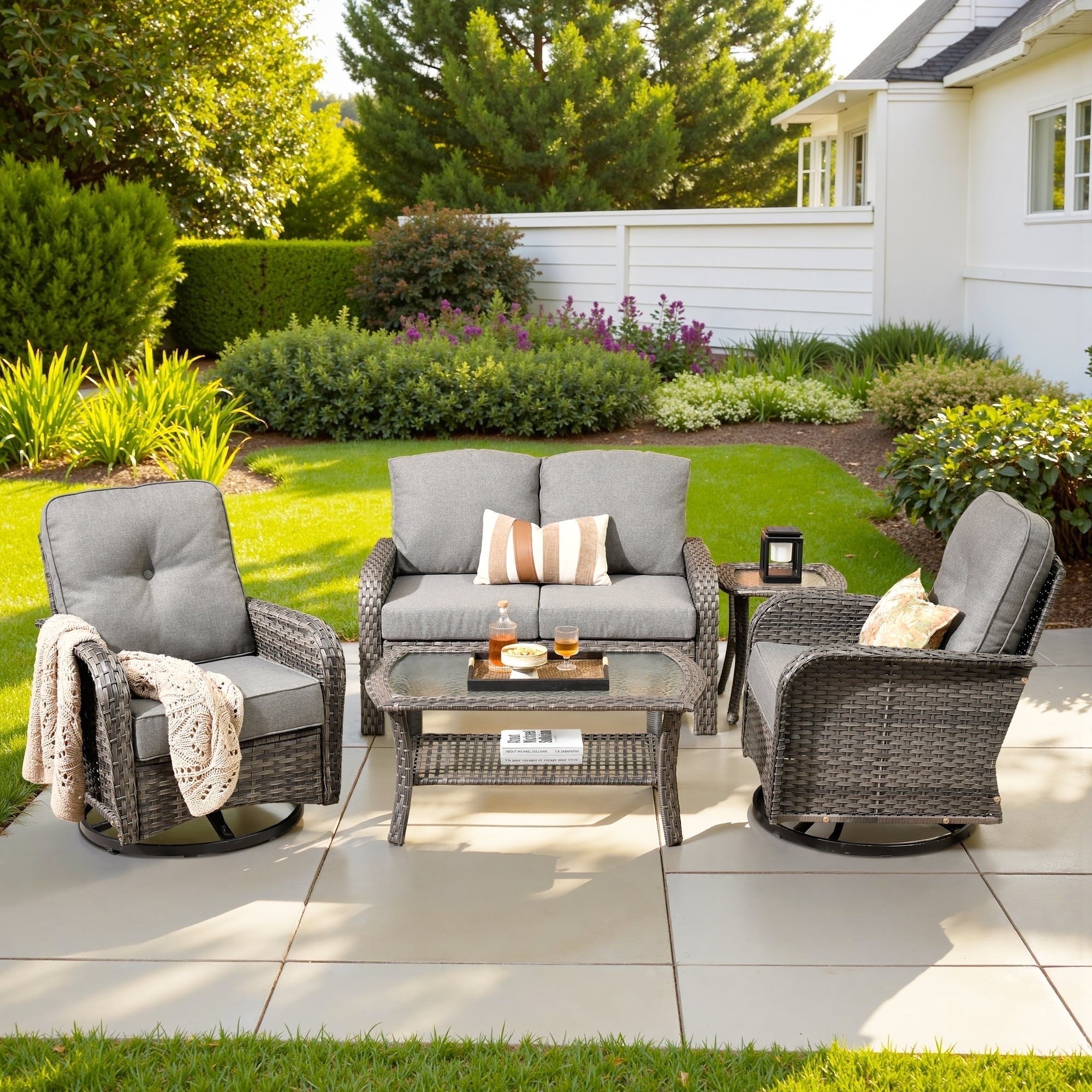Outdoor Patio Furniture Set High Back All Weather Wicker Conversation Set with Swivel Chairs