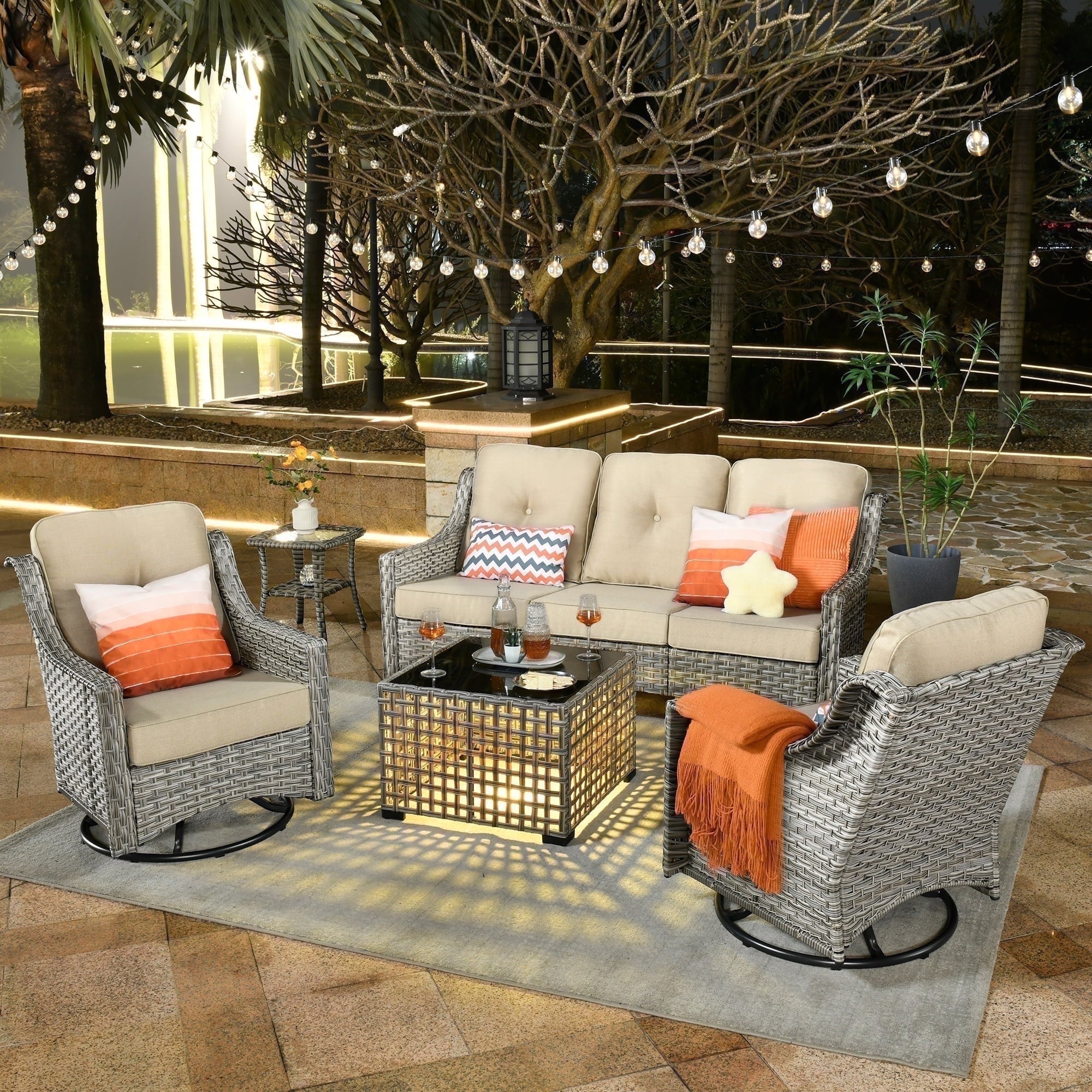 Ovios 5 Pieces Outdoor Patio Furniture Set High-Back Rattan Wicker Conversation Set Outdoor Sectional with Swivel Chairs & Solar Light Coffee Table, Beige