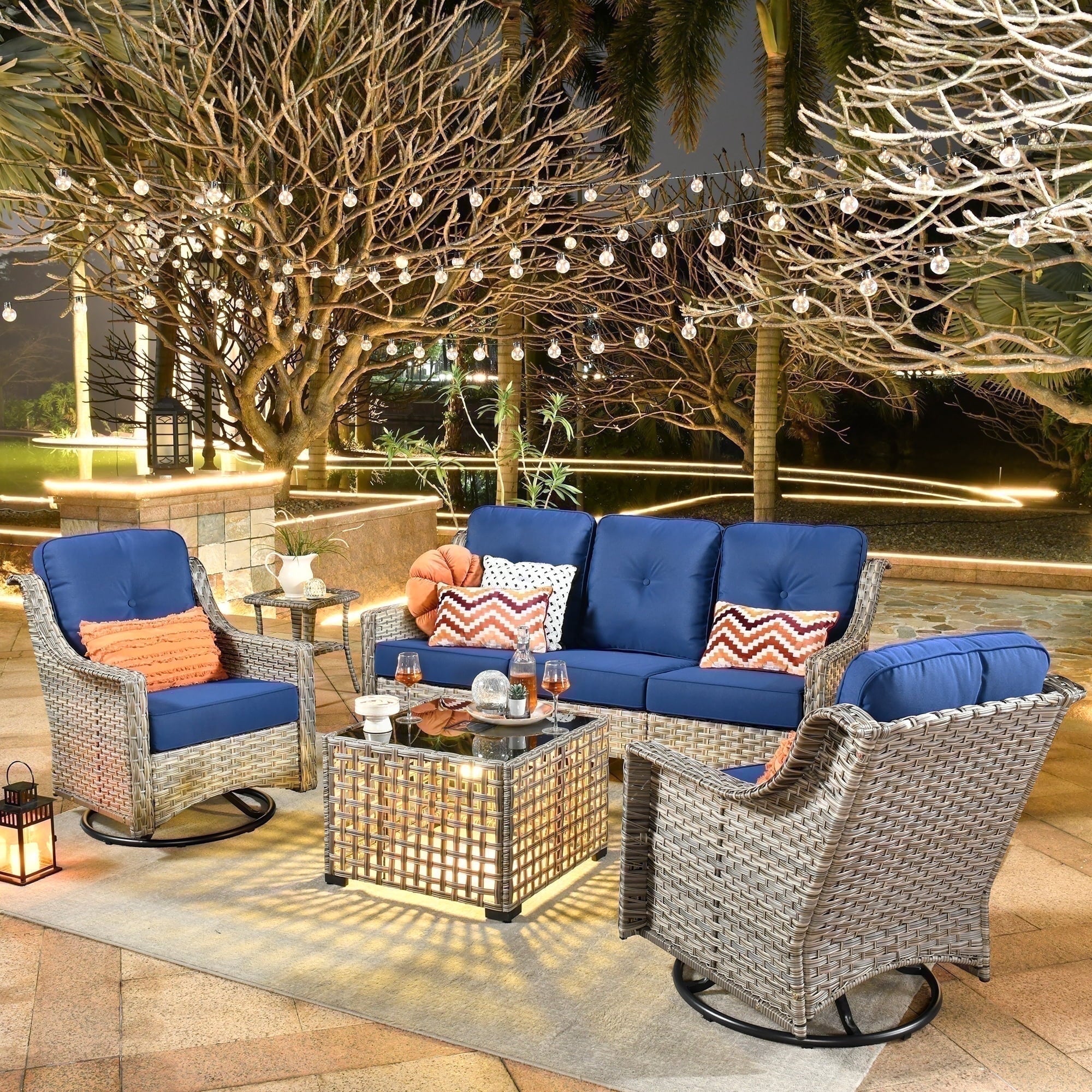Ovios 5 Pieces Outdoor Patio Furniture Set High-Back Rattan Wicker Conversation Set Outdoor Sectional with Swivel Chairs & Solar Light Coffee Table, Navy Blue