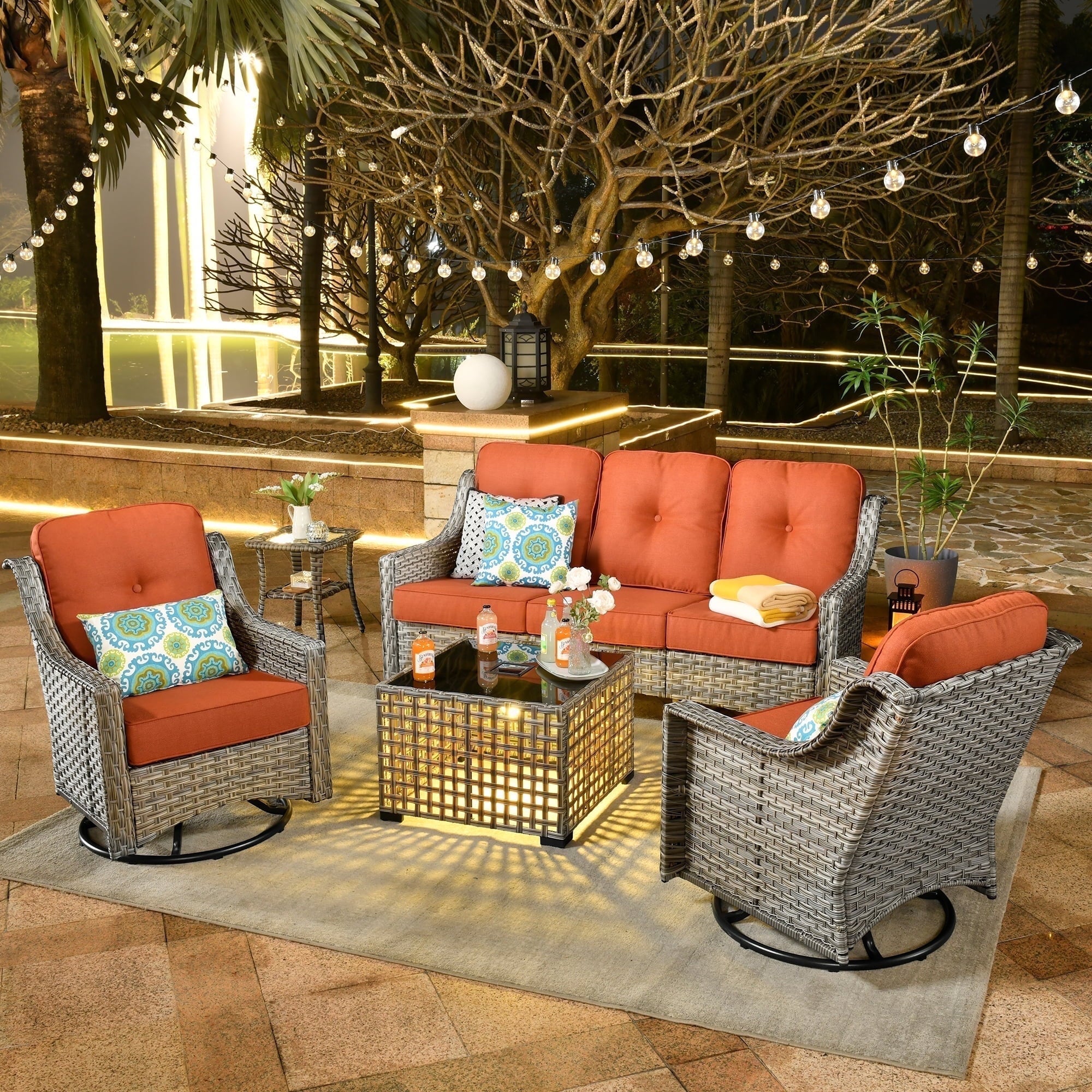 Ovios 5 Pieces Outdoor Patio Furniture Set High-Back Rattan Wicker Conversation Set Outdoor Sectional with Swivel Chairs & Solar Light Coffee Table, Coarse Orange Red