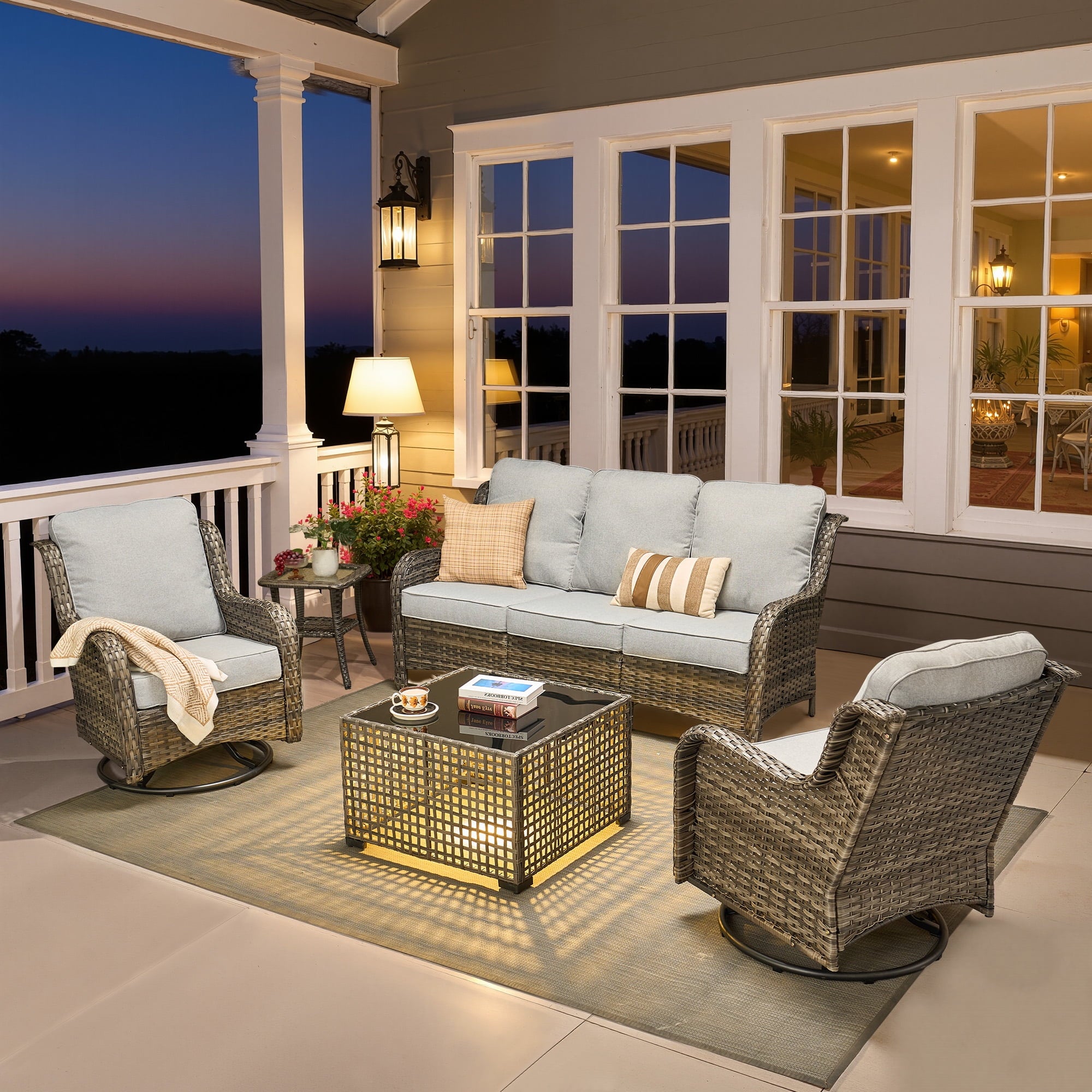 Ovios 5 Pieces Patio Furniture Set High Back All-Weather Wicker Sectional Outdoor Conversation Set with Swivel Chairs & Solar-Powered Coffee Table for Deck, Backyard, or Garden, Denim blue
