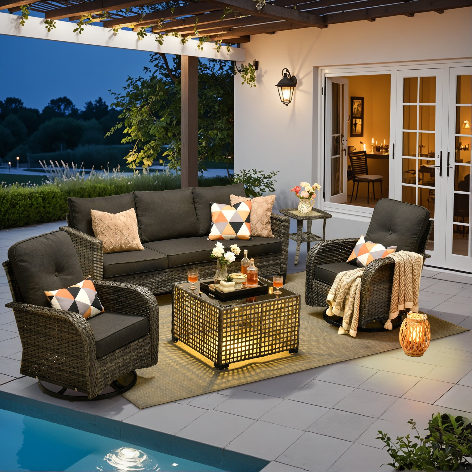 Ovios 5 Pieces Patio Furniture Set Outdoor Conversation All-Weather Rattan Sectional Sofa with Swivel Chairs & Solar Light Table