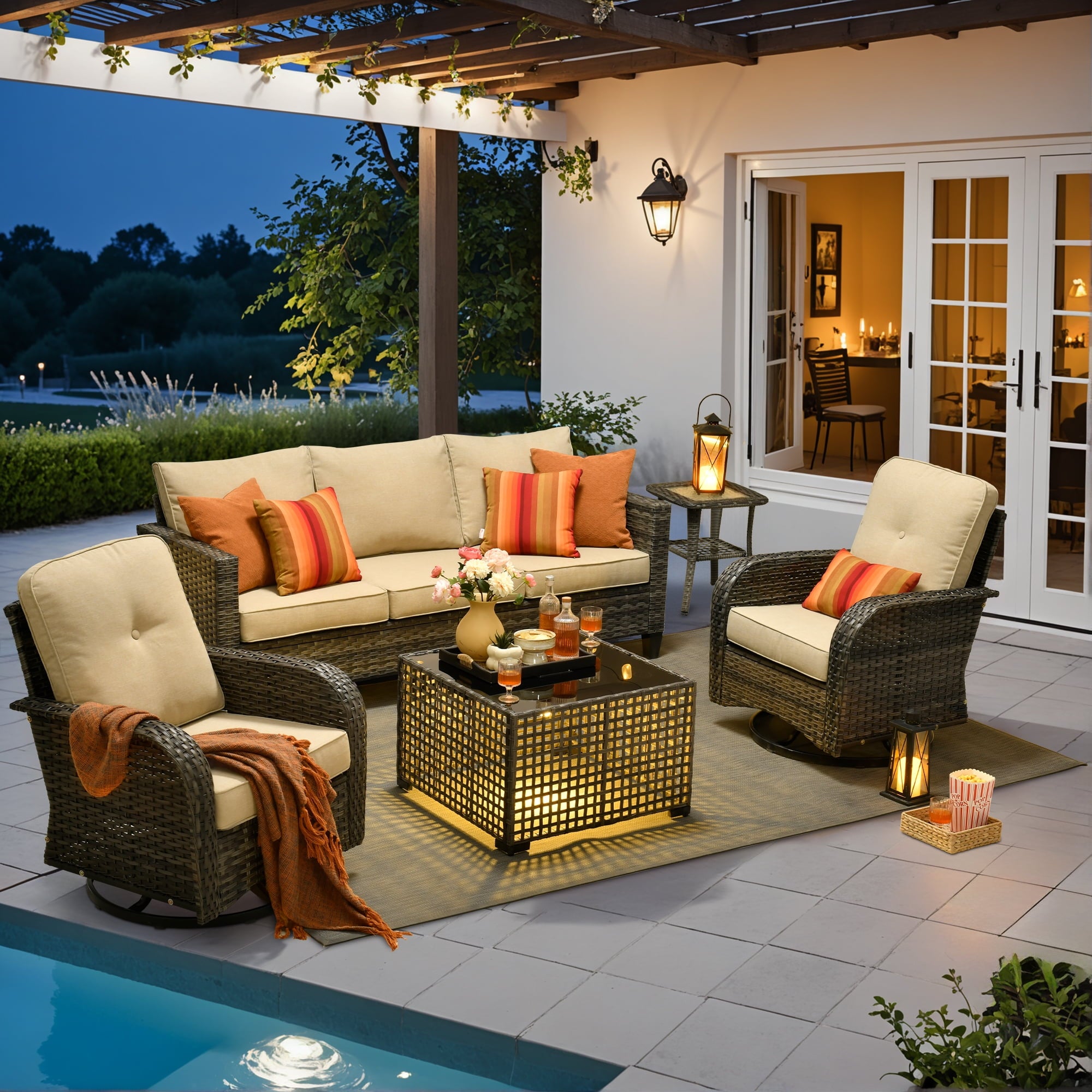 Ovios 5 Pieces Patio Furniture Set Outdoor Conversation All-Weather Rattan Sectional Sofa with Swivel Chairs & Solar Light Table