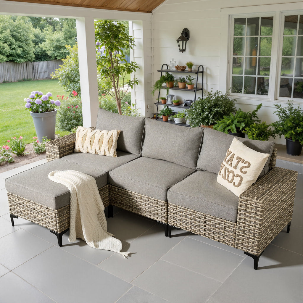 Ovios 4 Pieces Wicker Patio Furniture Sets Outdoor Conversation Sectional Sofa for Backyard Deck