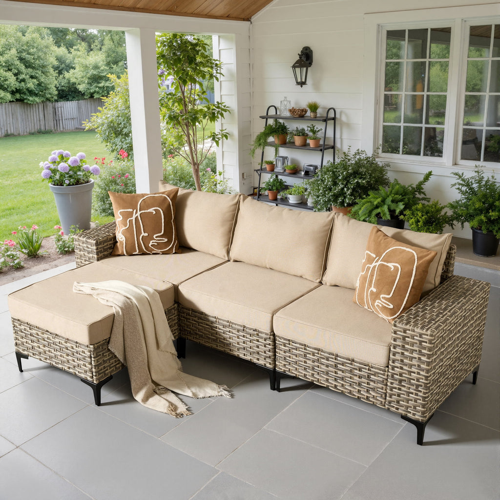 Ovios 4 Pieces Wicker Patio Furniture Sets Outdoor Conversation Sectional Sofa for Backyard Deck