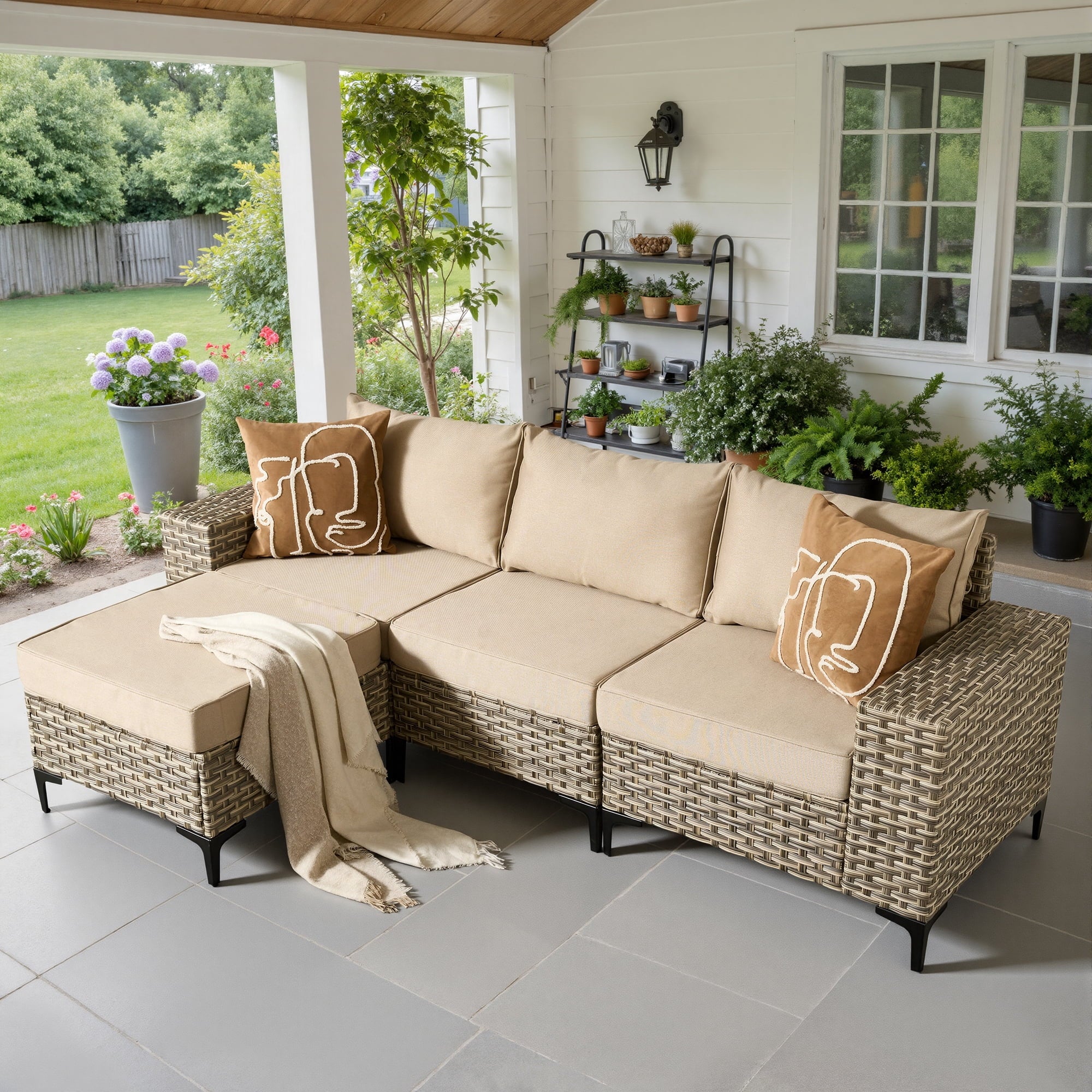 Ovios 4 Pieces Wicker Patio Furniture Sets Outdoor Conversation Sectional Sofa for Backyard Deck