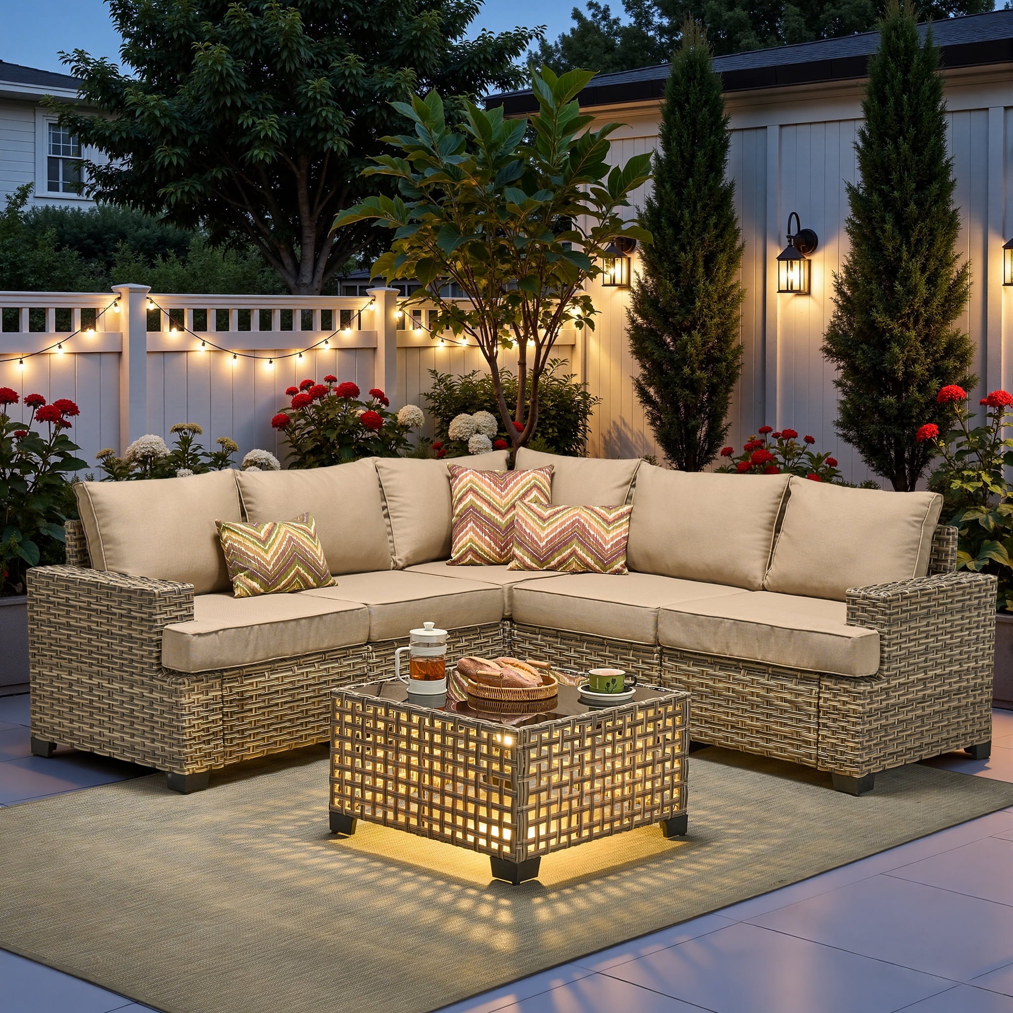 Ovios 6-Piece Outdoor Patio Furniture Set with Solar-Powered Lighted Coffee Table, All-Weather Wicker L-Shaped Sectional Sofa, Black