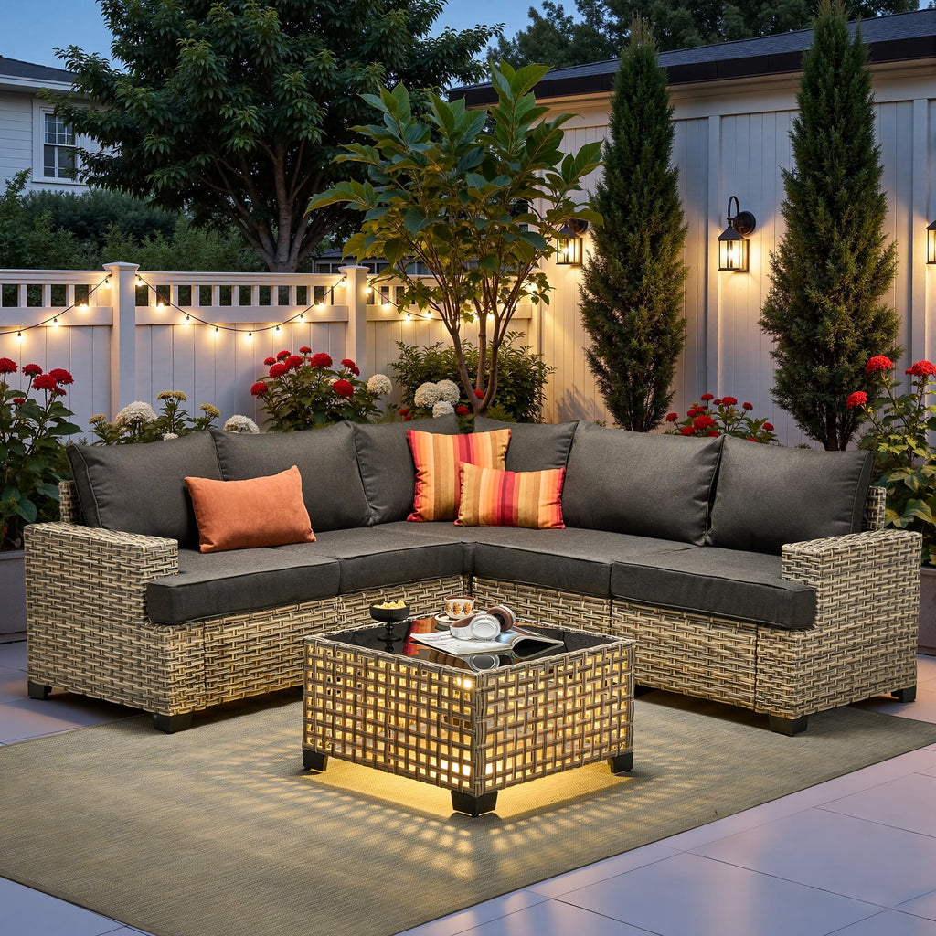 Ovios 6-Piece Outdoor Patio Furniture Set with Solar-Powered Lighted Coffee Table, All-Weather Wicker L-Shaped Sectional Sofa, Black