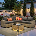 Ovios 6-Piece Outdoor Patio Furniture Set with Solar-Powered Lighted Coffee Table, All-Weather Wicker L-Shaped Sectional Sofa, Black